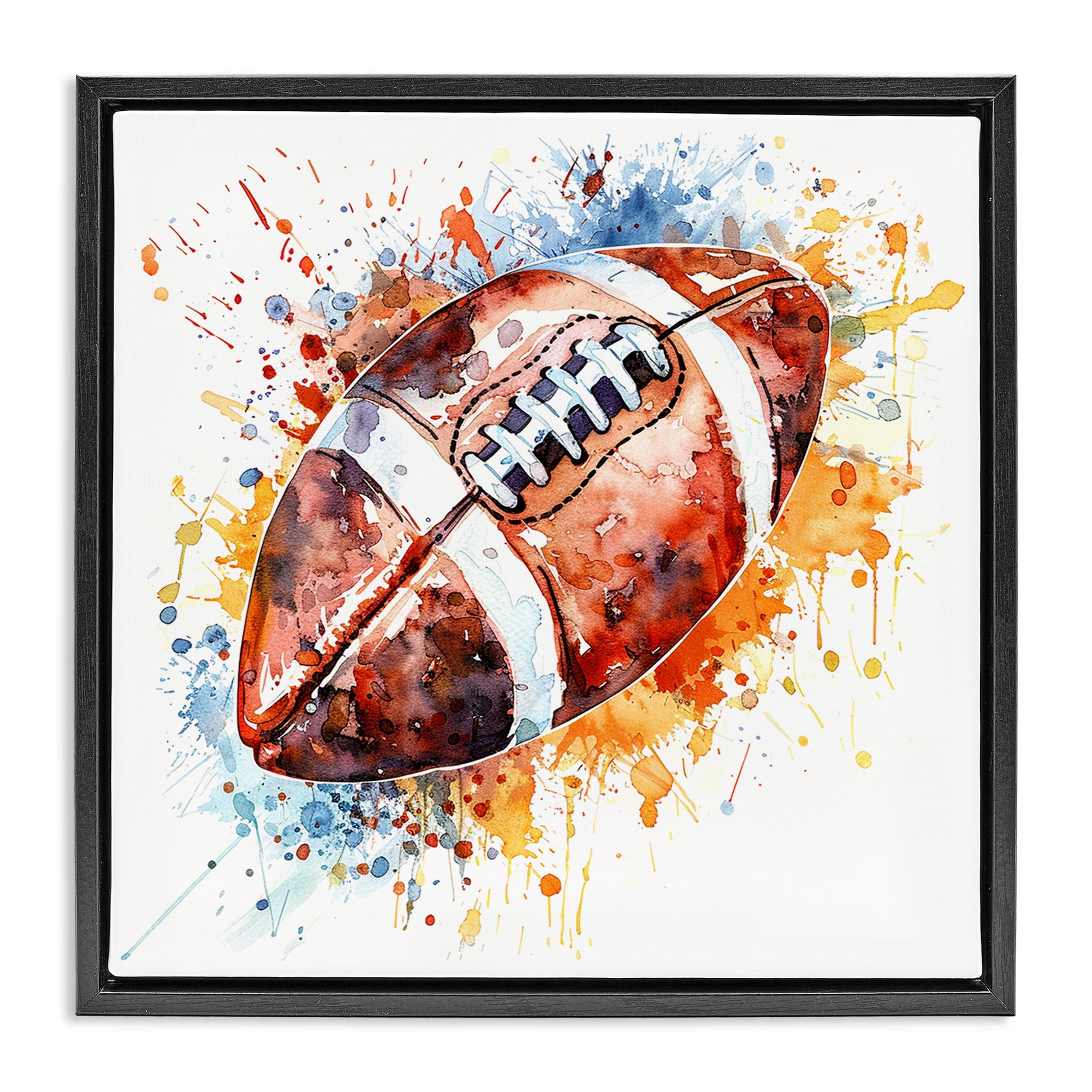 Stupell Industries Football Chromatic Splash Sports Painting Black Floater Framed Canvas Art Print Wall Art, 25 x 25