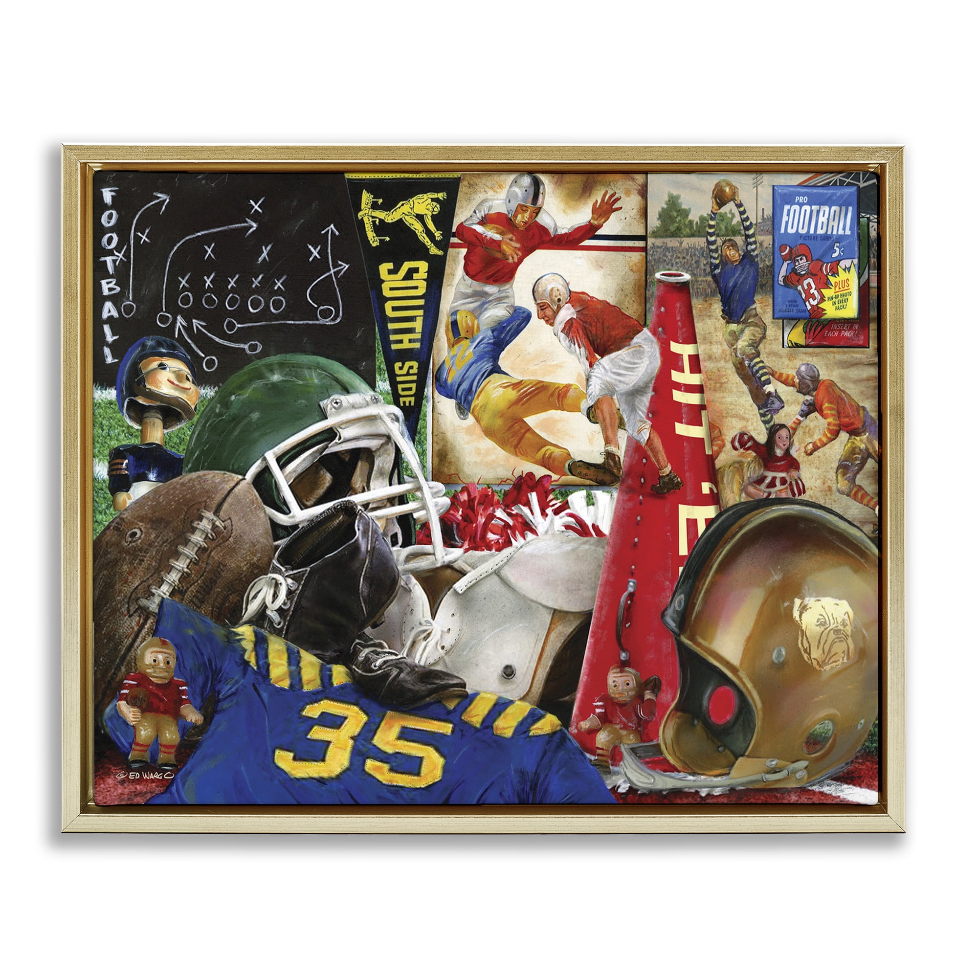 Stupell Industries Football Sports Collage Sports Painting Gold Floater Framed Art Print Wall Art, 31 x 25