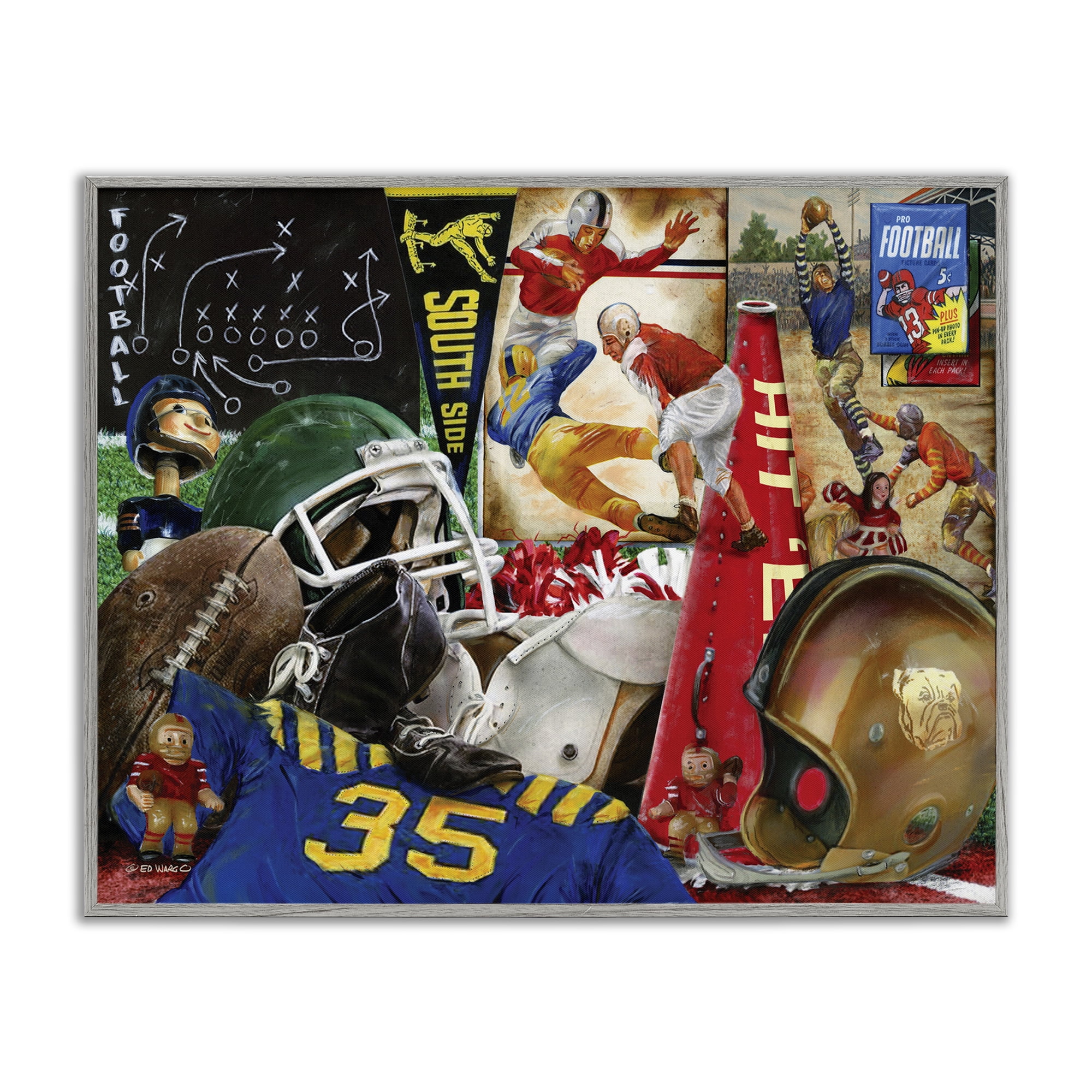 Stupell Industries Football Sports Collage Sports Painting Gray Framed Art Print Wall Art, 30 x 24