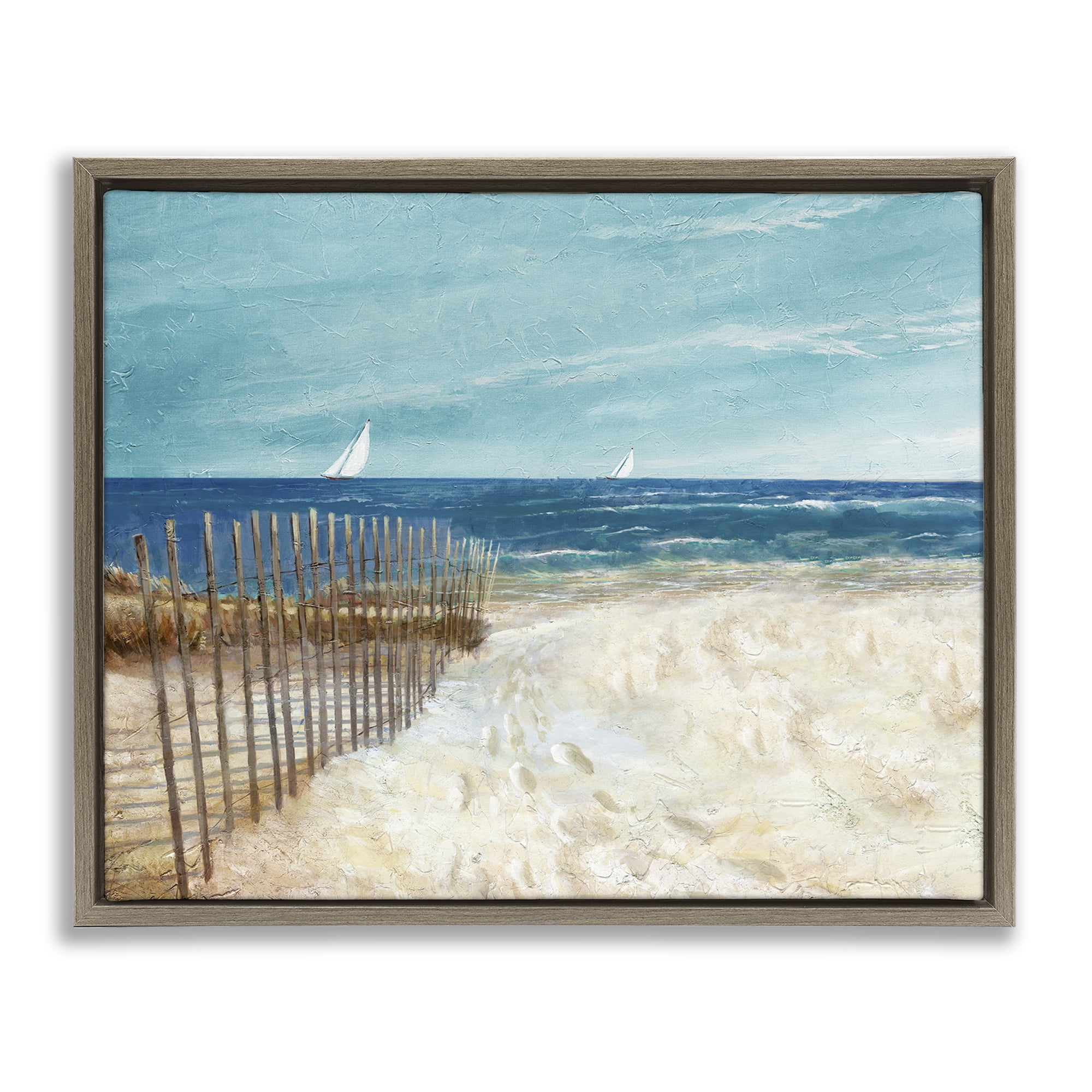 Stupell Industries Footprints by Sandy Fence Nautical & Beach Painting Brown Floater Framed Canvas Art Print Wall Art, 31 x 25