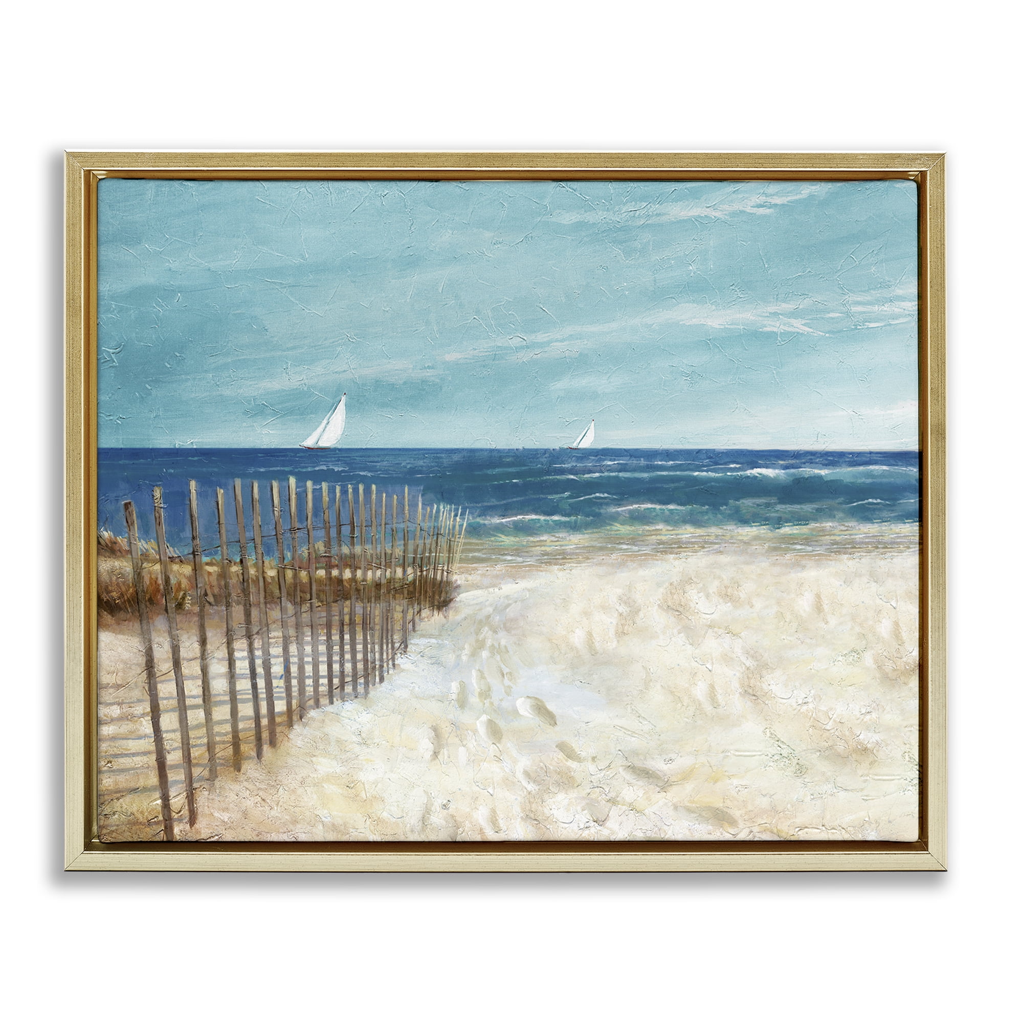 Stupell Industries Footprints by Sandy Fence Nautical & Beach Painting Gold Floater Framed Canvas Art Print Wall Art, 31 x 25
