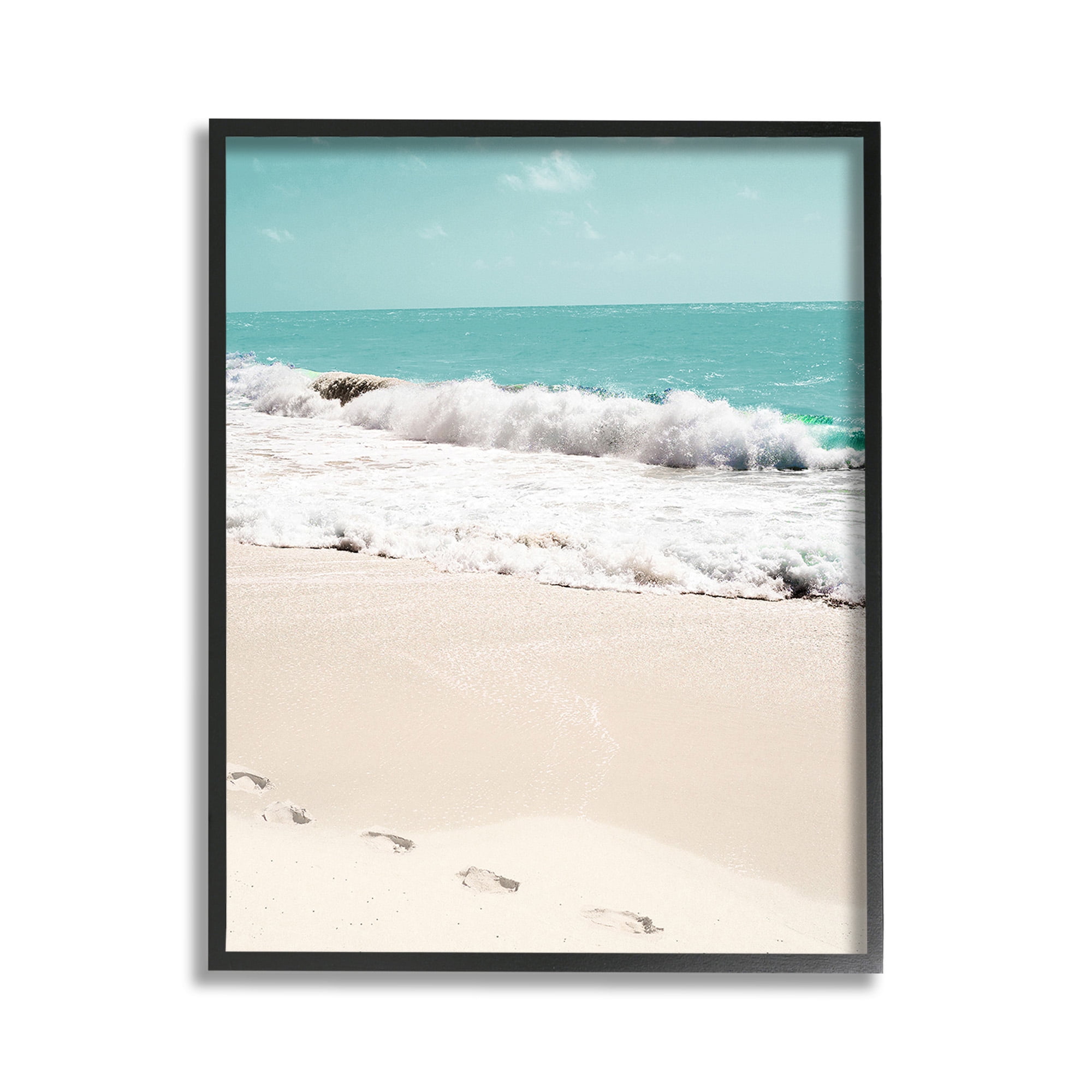 Stupell Industries Footprints on Beach Shore Landscape Photography Black Framed Art Print Wall Art, 11 x 14