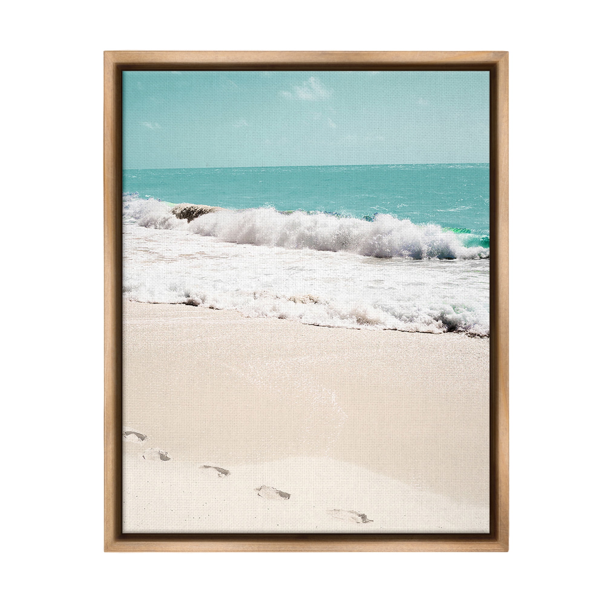 Stupell Industries Footprints on Beach Shore Landscape Photography Brown Floater Framed Canvas Art Print Wall Art, 17 x 21
