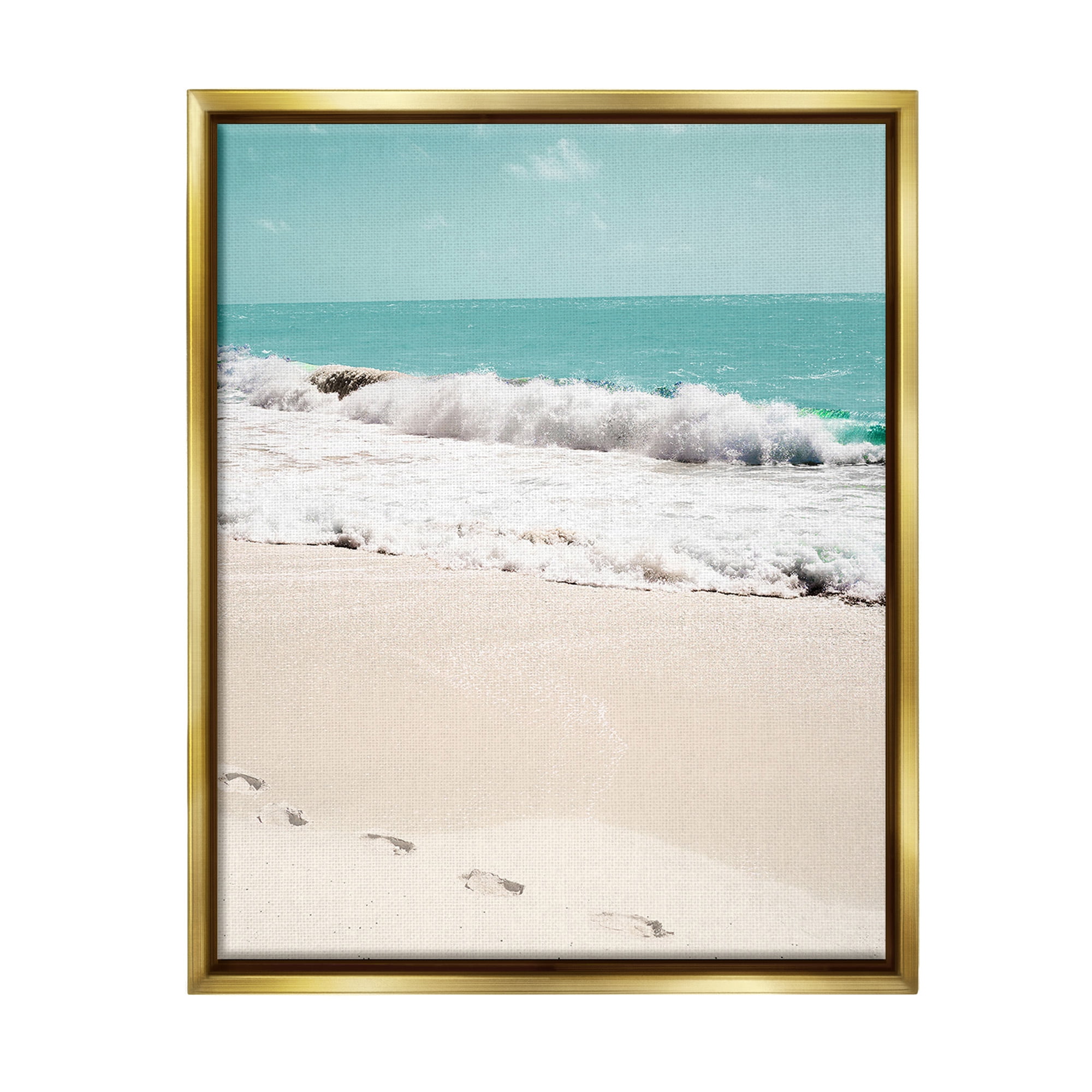 Stupell Industries Footprints on Beach Shore Landscape Photography Gold Floater Framed Canvas Art Print Wall Art, 17 x 21