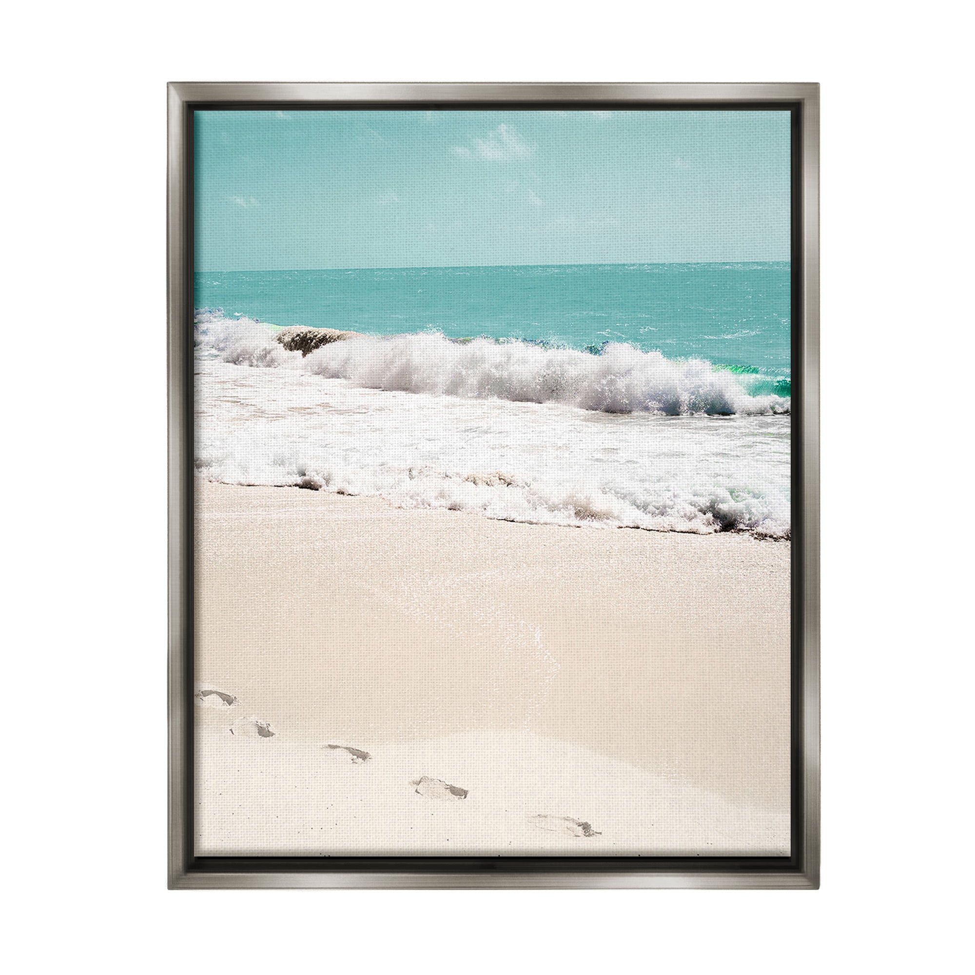 Stupell Industries Footprints on Beach Shore Landscape Photography Gray Floater Framed Canvas Art Print Wall Art, 25 x 31