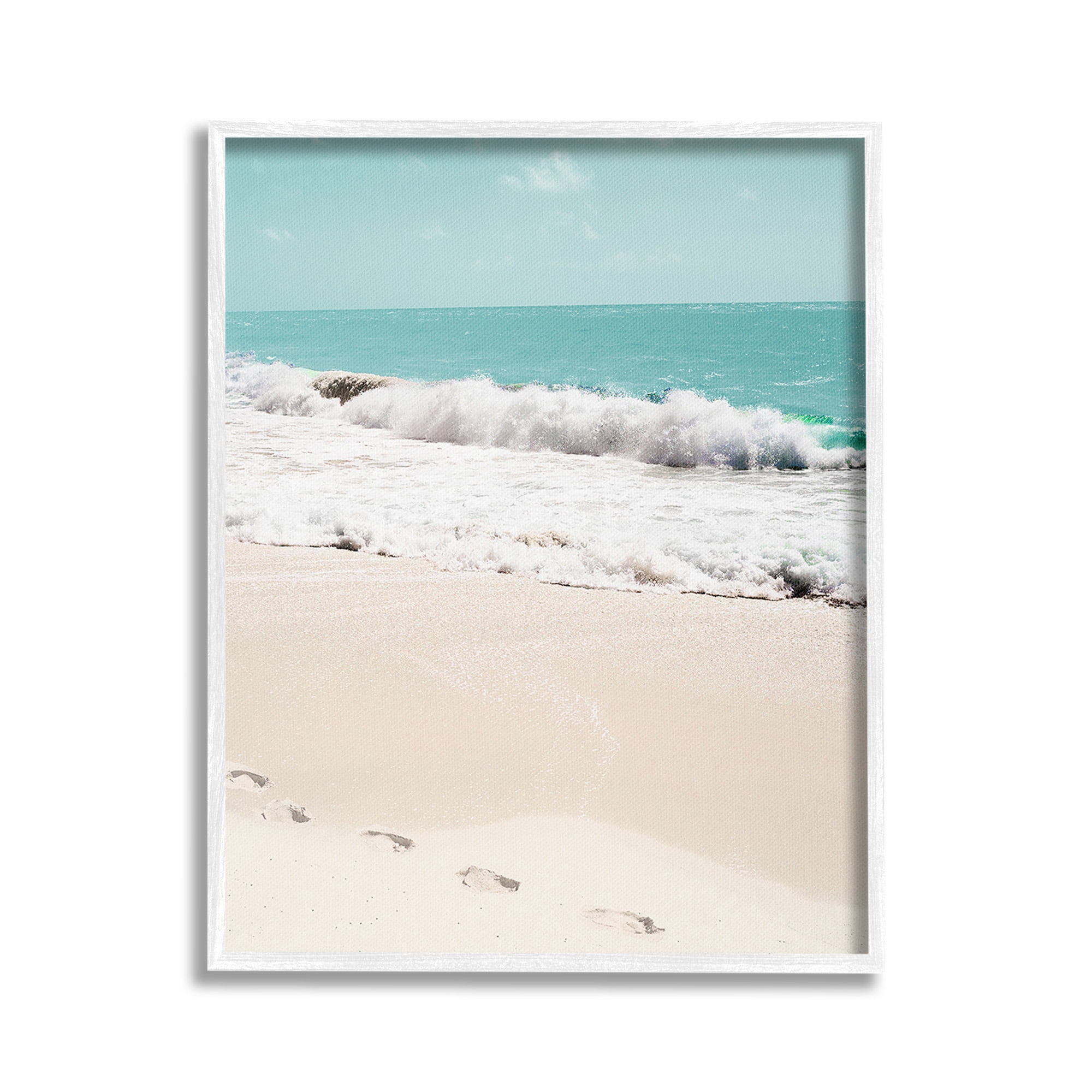 Stupell Industries Footprints on Beach Shore Landscape Photography White Framed Art Print Wall Art, 24 x 30