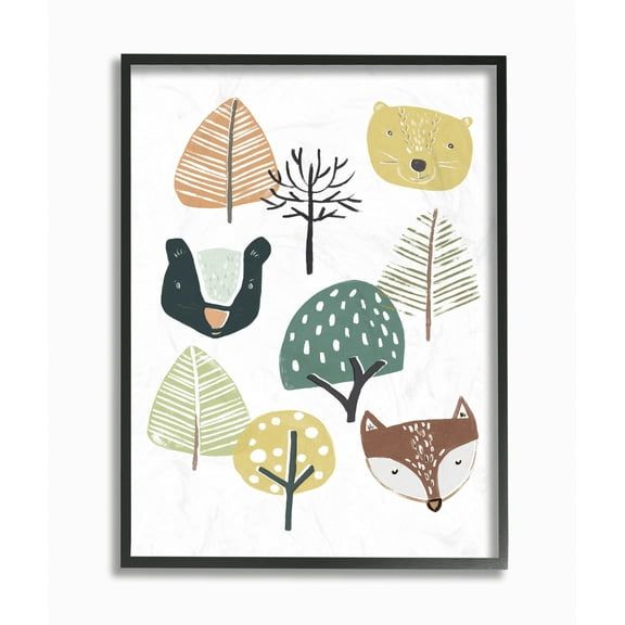 Stupell Industries Forest Animal Faces Trees Cartoon Family Design Framed Wall Art by June Erica Vess