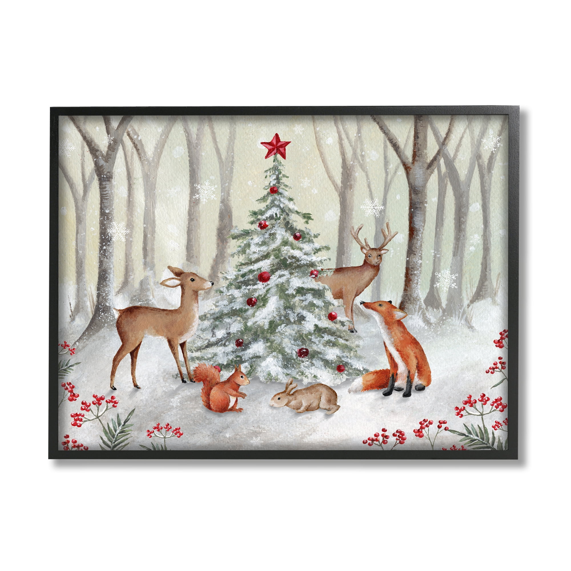 Stupell Industries Forest Animals & Christmas Tree Holiday Painting Black Framed Art Print Wall Art, 14 x 11