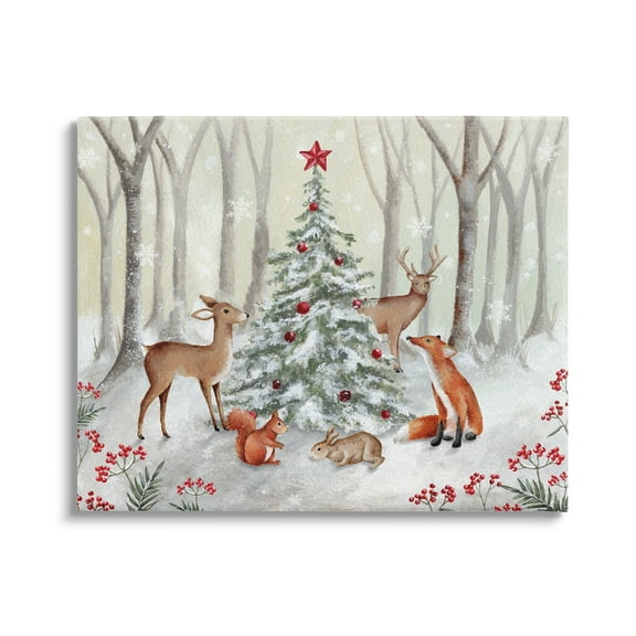 Stupell Industries Forest Animals & Christmas Tree Holiday Painting Gallery Wrapped Canvas Art Print Wall Art, 30 x 24
