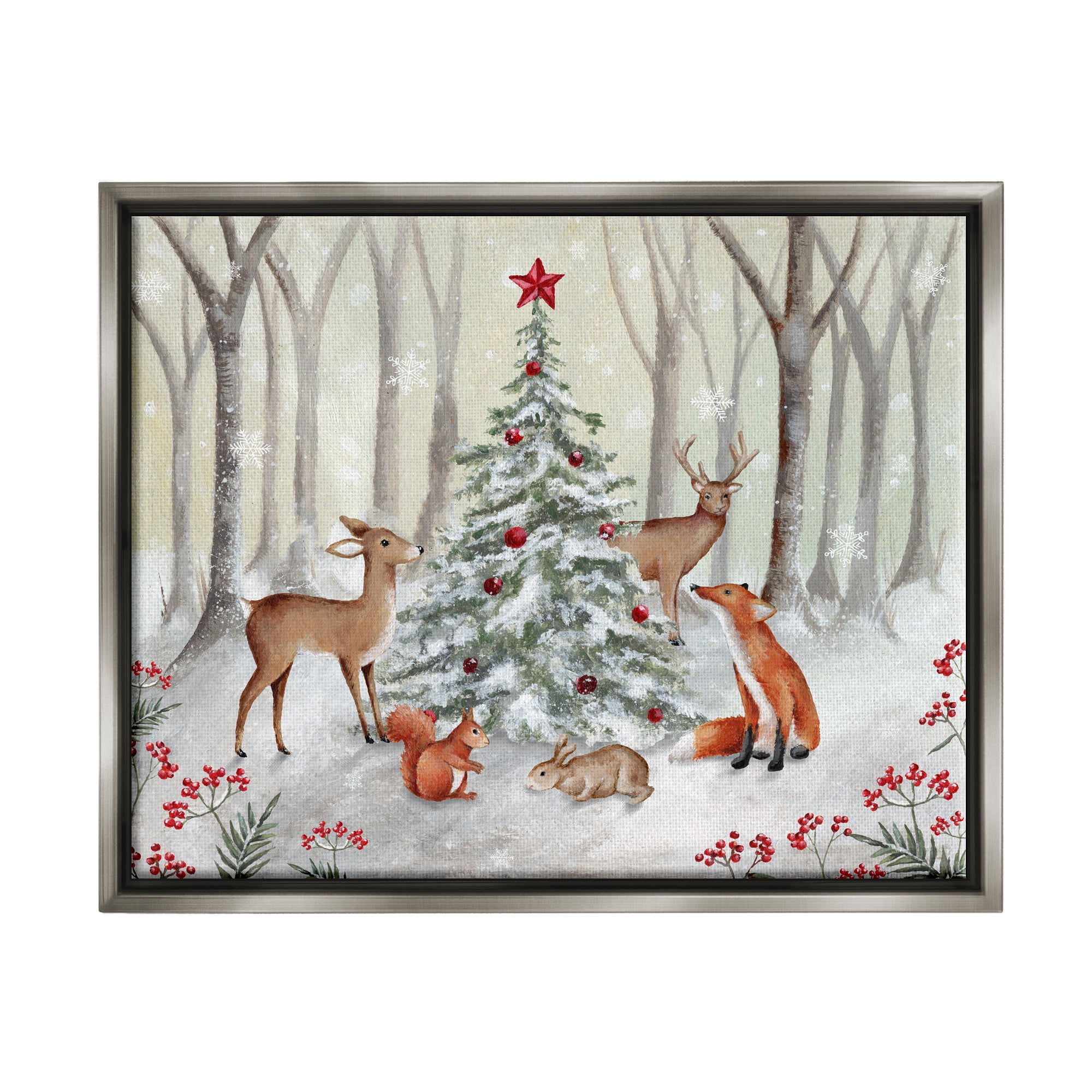 Stupell Industries Forest Animals & Christmas Tree Holiday Painting Gray Floater Framed Canvas Art Print Wall Art, 21 x 17