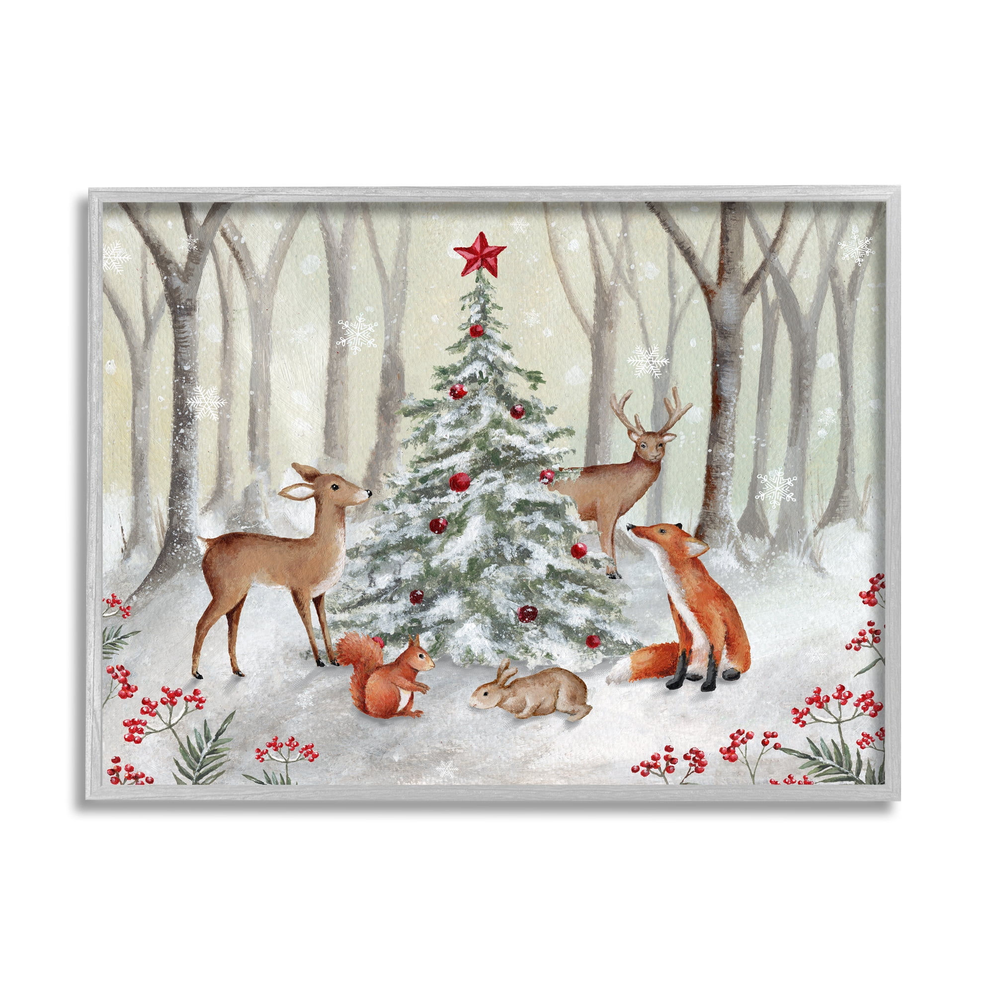 Stupell Industries Forest Animals & Christmas Tree Holiday Painting Gray Framed Art Print Wall Art, 14 x 11