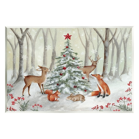 Stupell Industries Forest Animals & Christmas Tree Holiday Painting Unframed Art Print Wall Art, 19 x 13