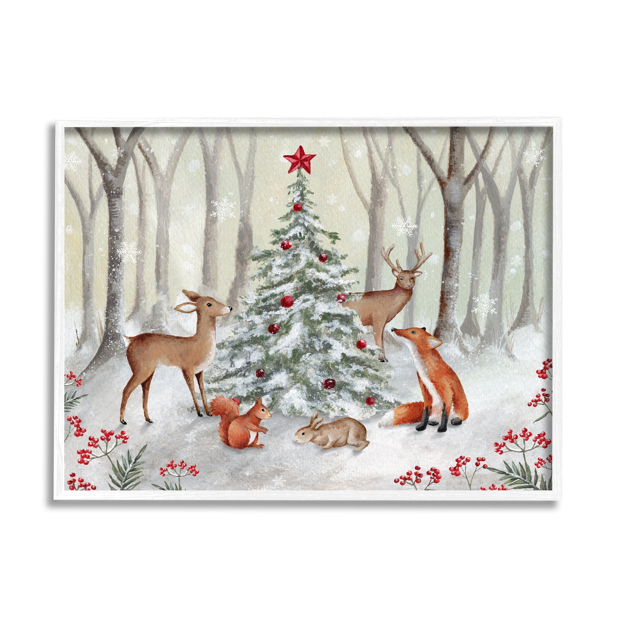 Stupell Industries Forest Animals & Christmas Tree Holiday Painting White Framed Art Print Wall Art, 20 x 16