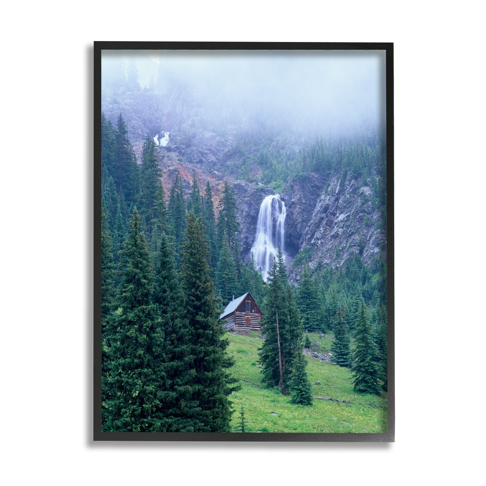 Forest Cabin Waterfall Landscape Black Framed Canvas Print