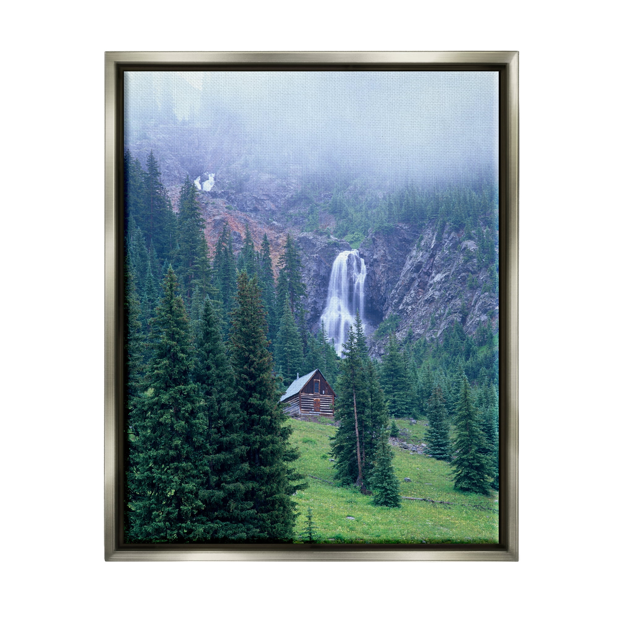 Stupell Industries Forest Cabin Waterfall Fog Landscape Photography Gray Floater Framed Art Print Wall Art