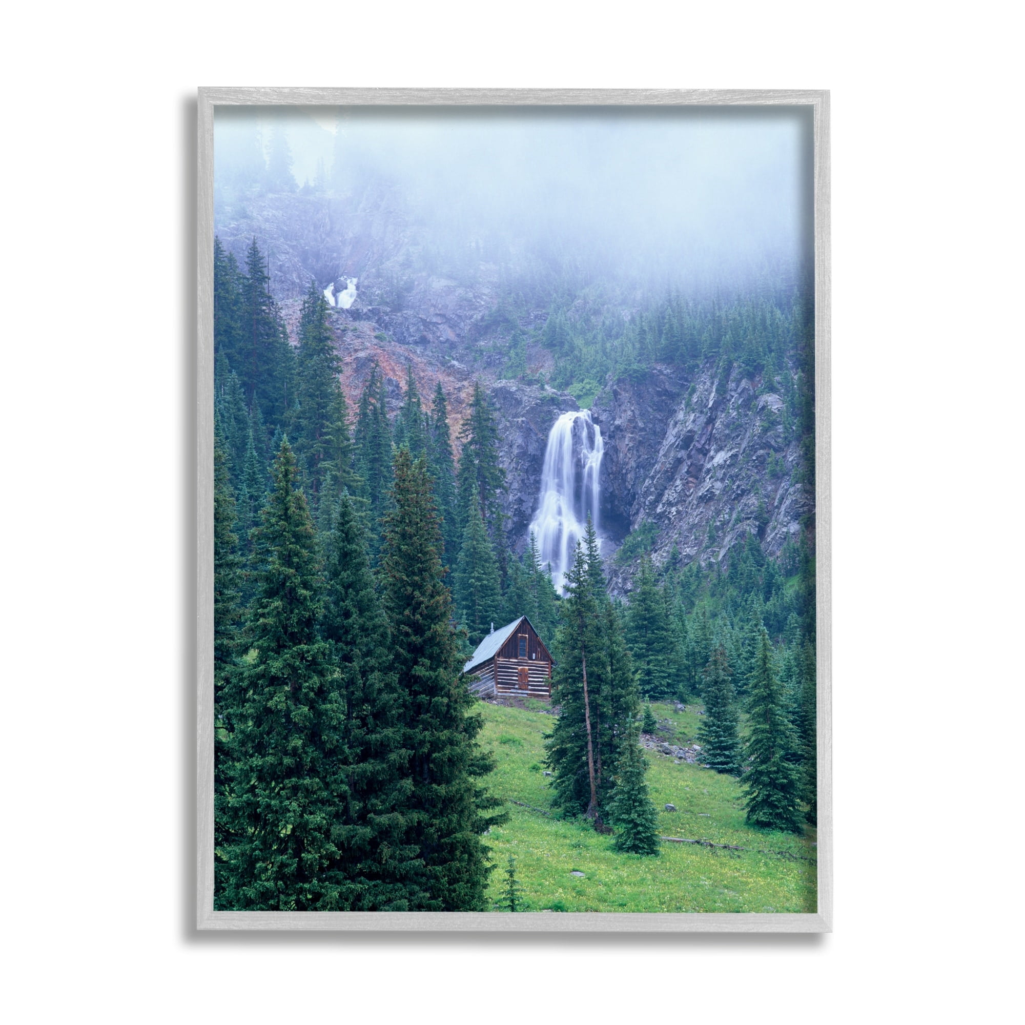 Stupell Industries Forest Cabin Waterfall Fog Landscape Photography Gray Framed Art Print Wall Art