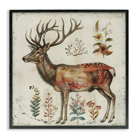 Stupell Industries Forest Elk with Botanicals Animals & Insects Painting Black Framed Art Print Wall Art, 12 x 12