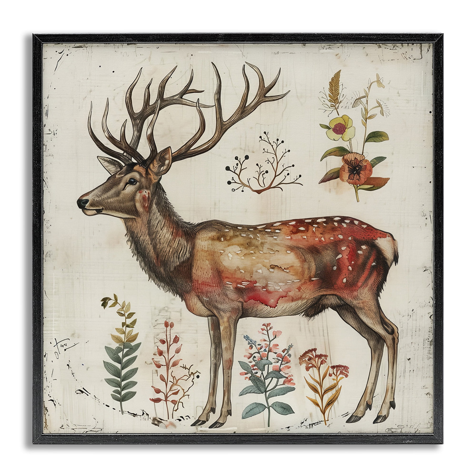 Stupell Industries Forest Elk with Botanicals Animals & Insects Painting Gray Framed Art Print Wall Art, 17 x 17