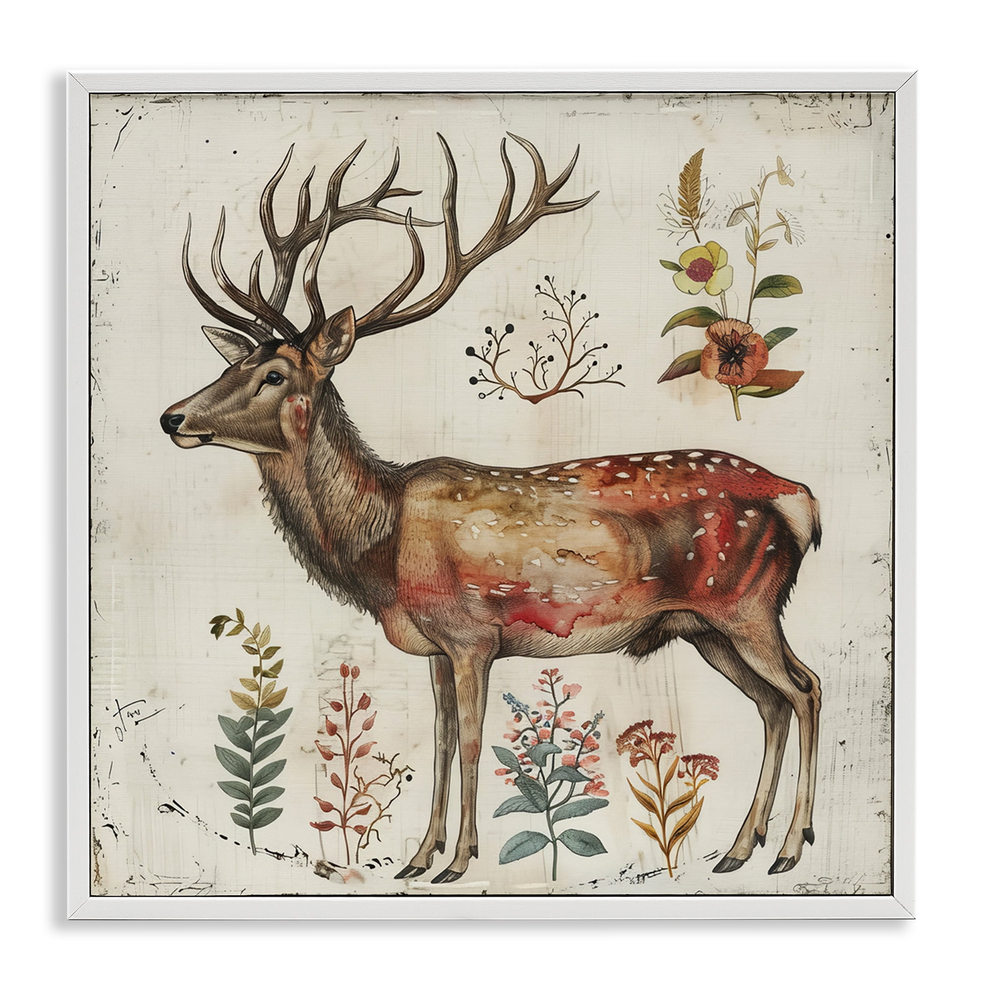 Stupell Industries Forest Elk with Botanicals Animals & Insects Painting White Framed Art Print Wall Art, 24 x 24