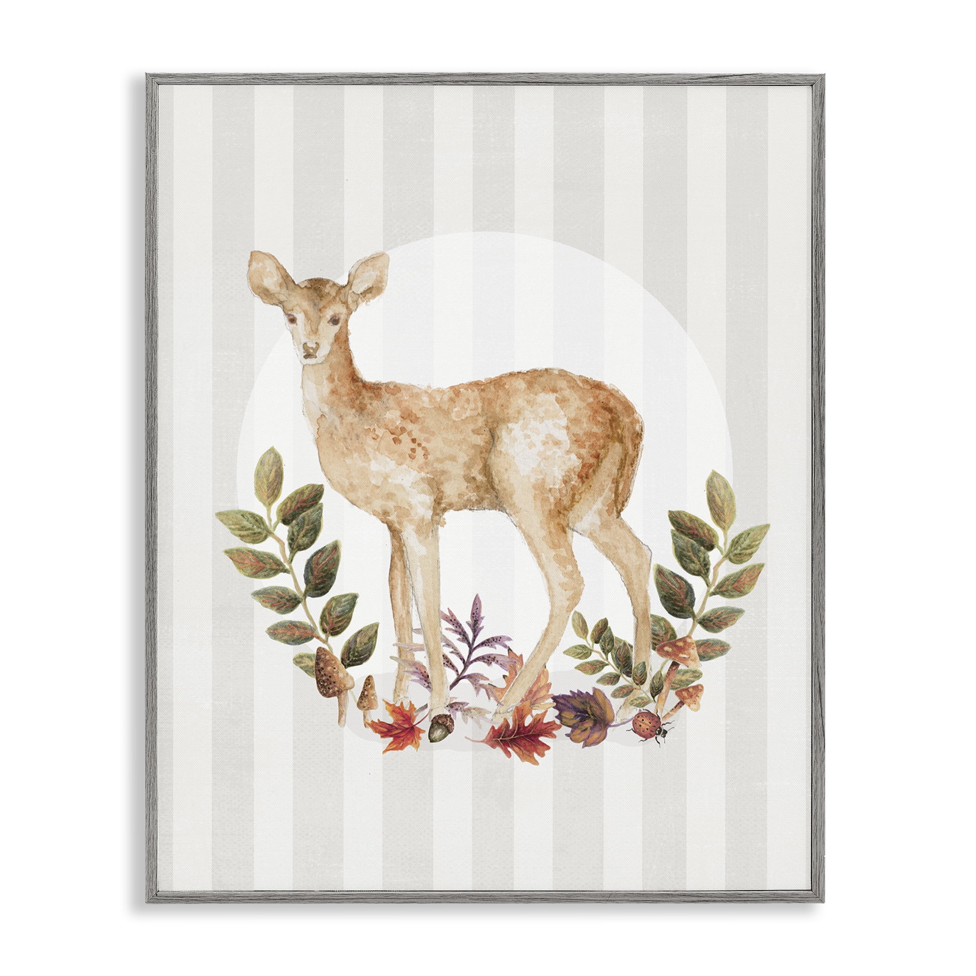 Stupell Industries Forest Fawn on Stripes Animals & Insects Painting Gray Framed Art Print Wall Art, 16 x 20