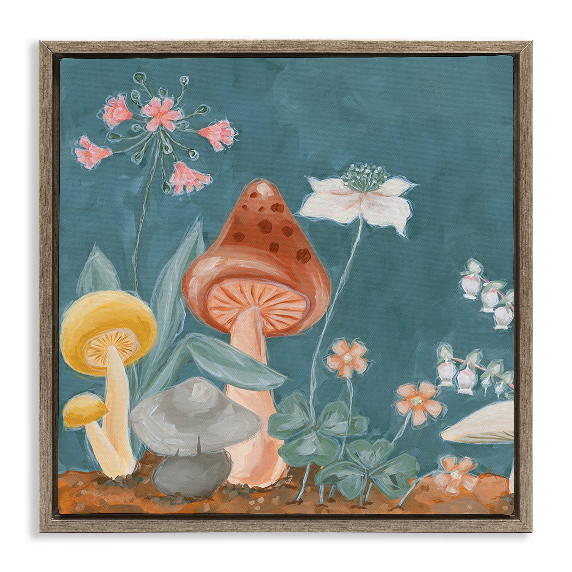 Stupell Industries Forest Floor Mushrooms Plants & Flowers Painting Brown Floater Framed Canvas Art Print Wall Art, 25 x 25