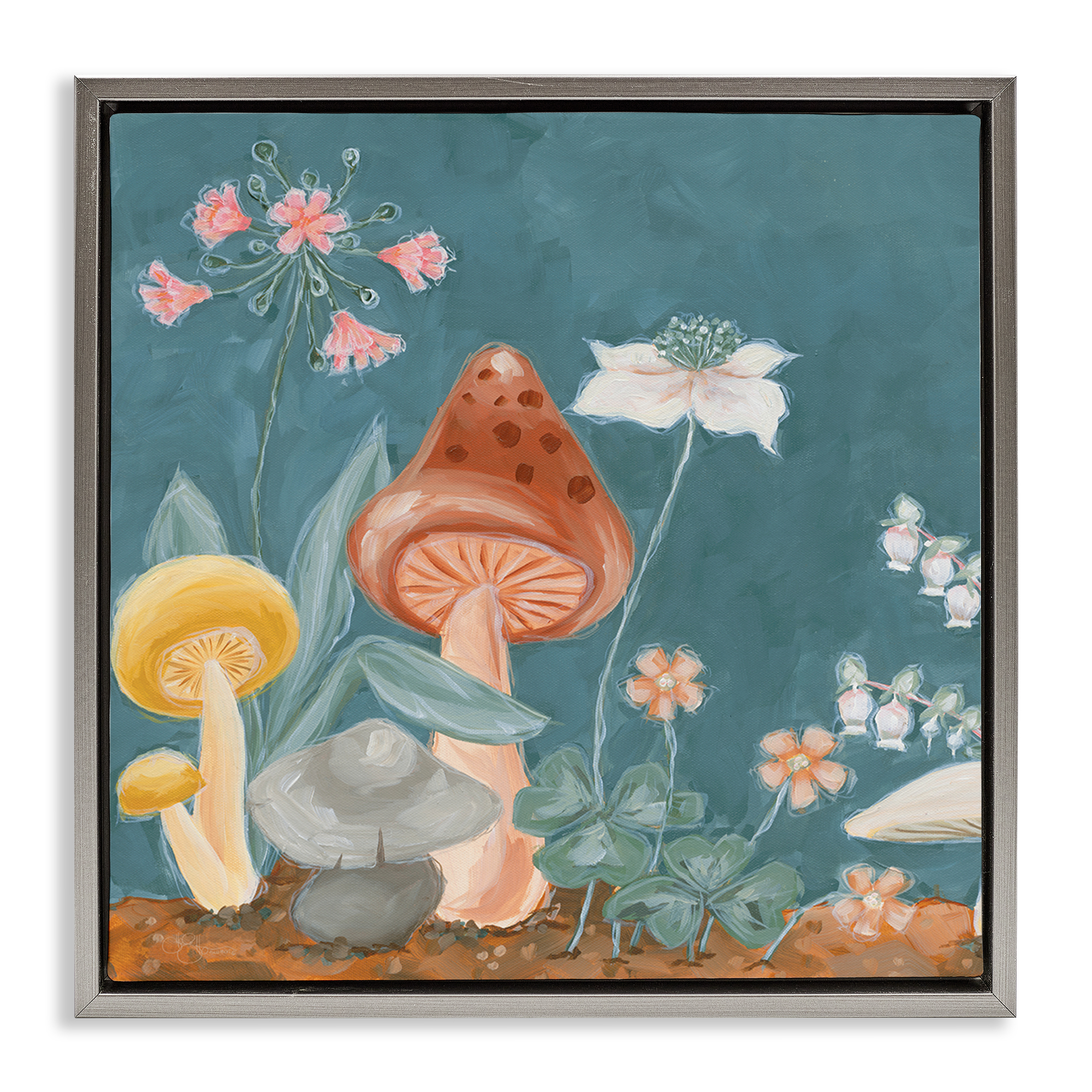 Stupell Industries Forest Floor Mushrooms Plants & Flowers Painting Gray Floater Framed Canvas Art Print Wall Art, 18 x 18