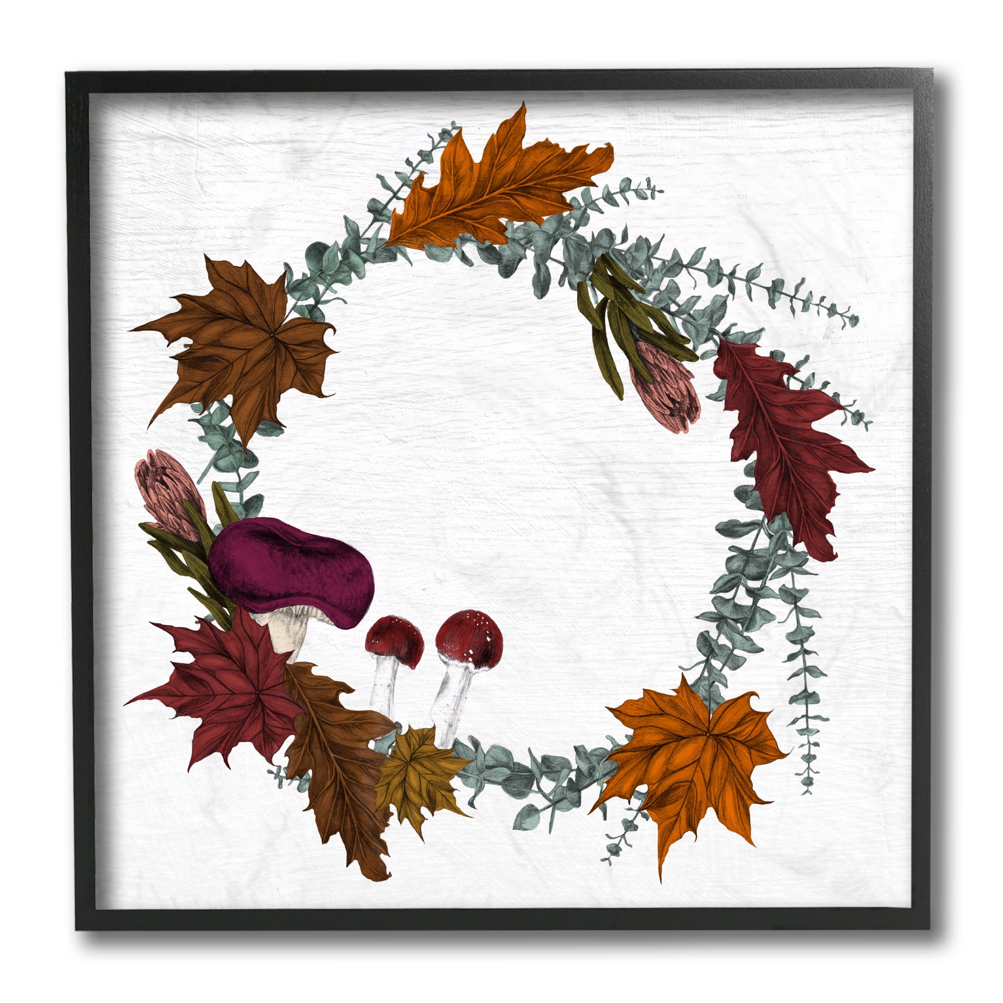 Stupell Industries Forest Foliage Wreath with Harvest Mushrooms Black Framed, 12 x 12, Design by Daphne Polselli
