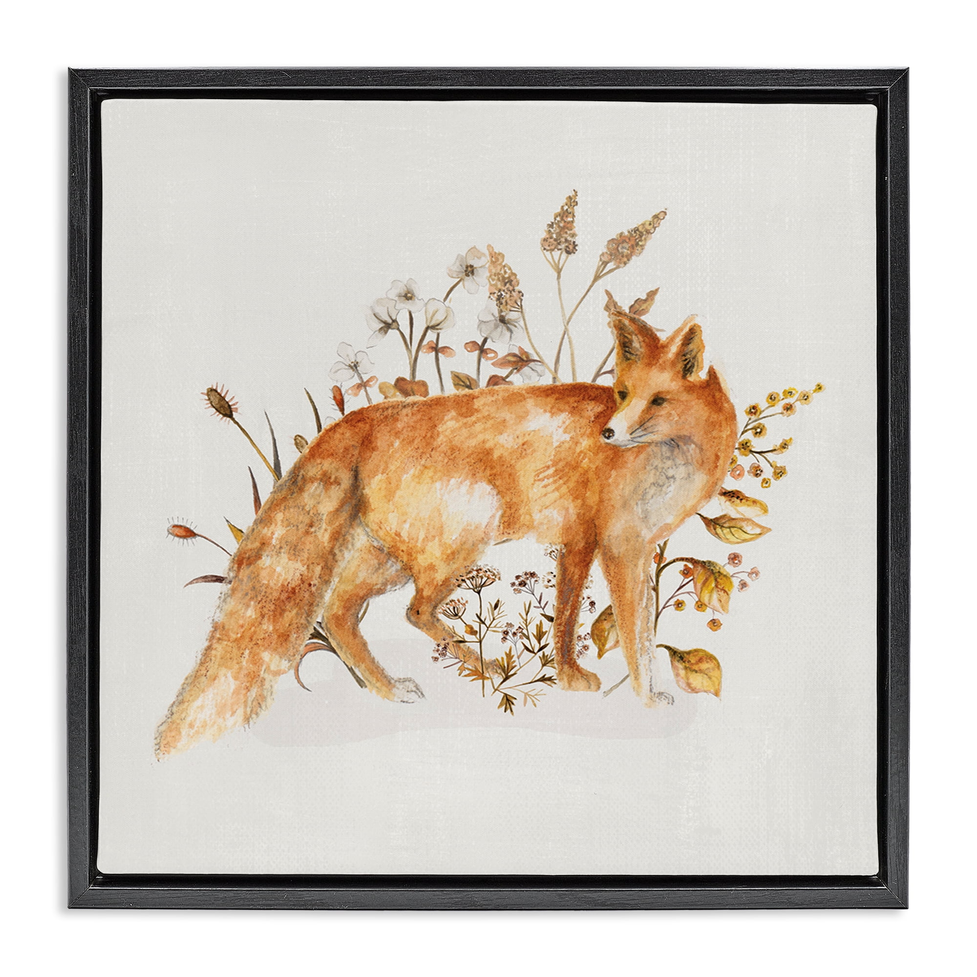 Stupell Industries Forest Fox & Botanicals Animals & Insects Painting Black Floater Framed Canvas Art Print Wall Art, 25 x 25