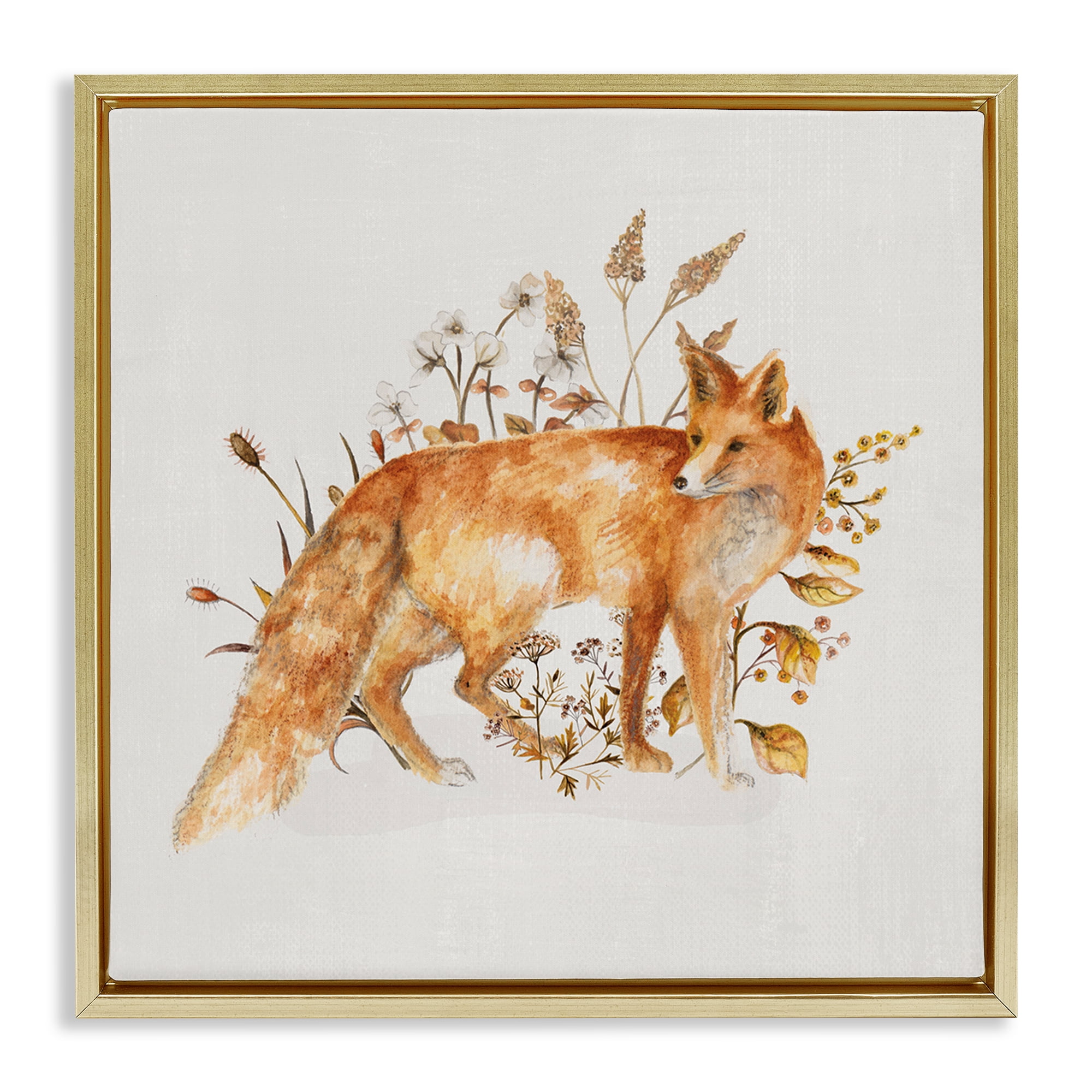 Stupell Industries Forest Fox & Botanicals Animals & Insects Painting Gold Floater Framed Canvas Art Print Wall Art, 25 x 25
