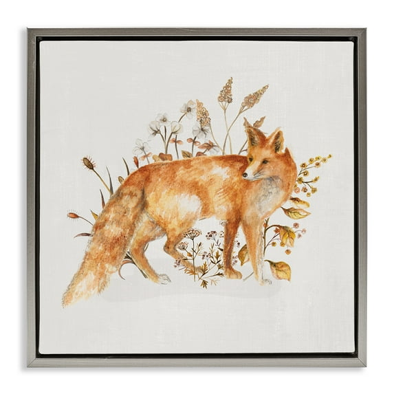 Stupell Industries Forest Fox & Botanicals Animals & Insects Painting Gray Floater Framed Canvas Art Print Wall Art, 25 x 25