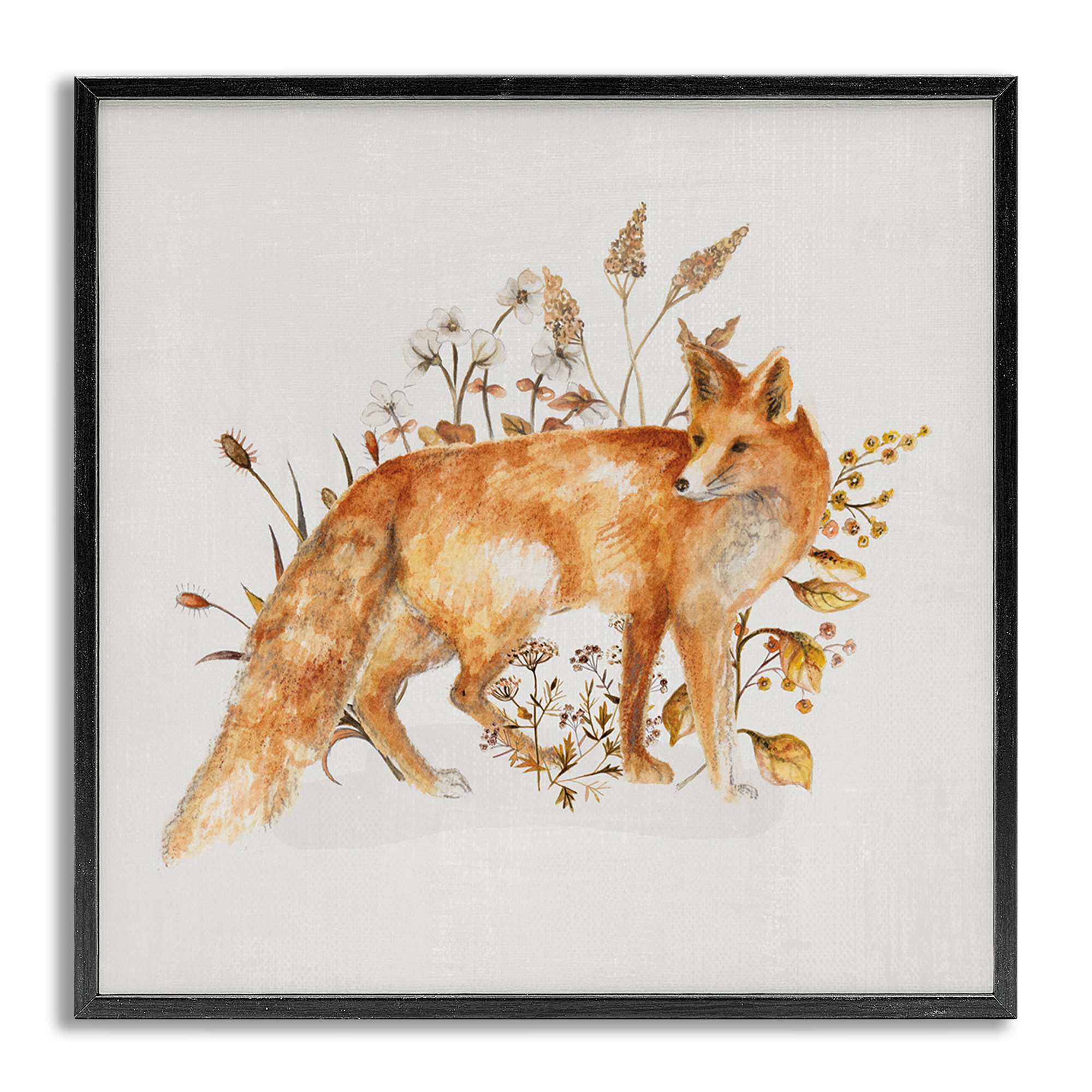 Stupell Industries Forest Fox & Botanicals Animals & Insects Painting Gray Framed Art Print Wall Art, 17 x 17
