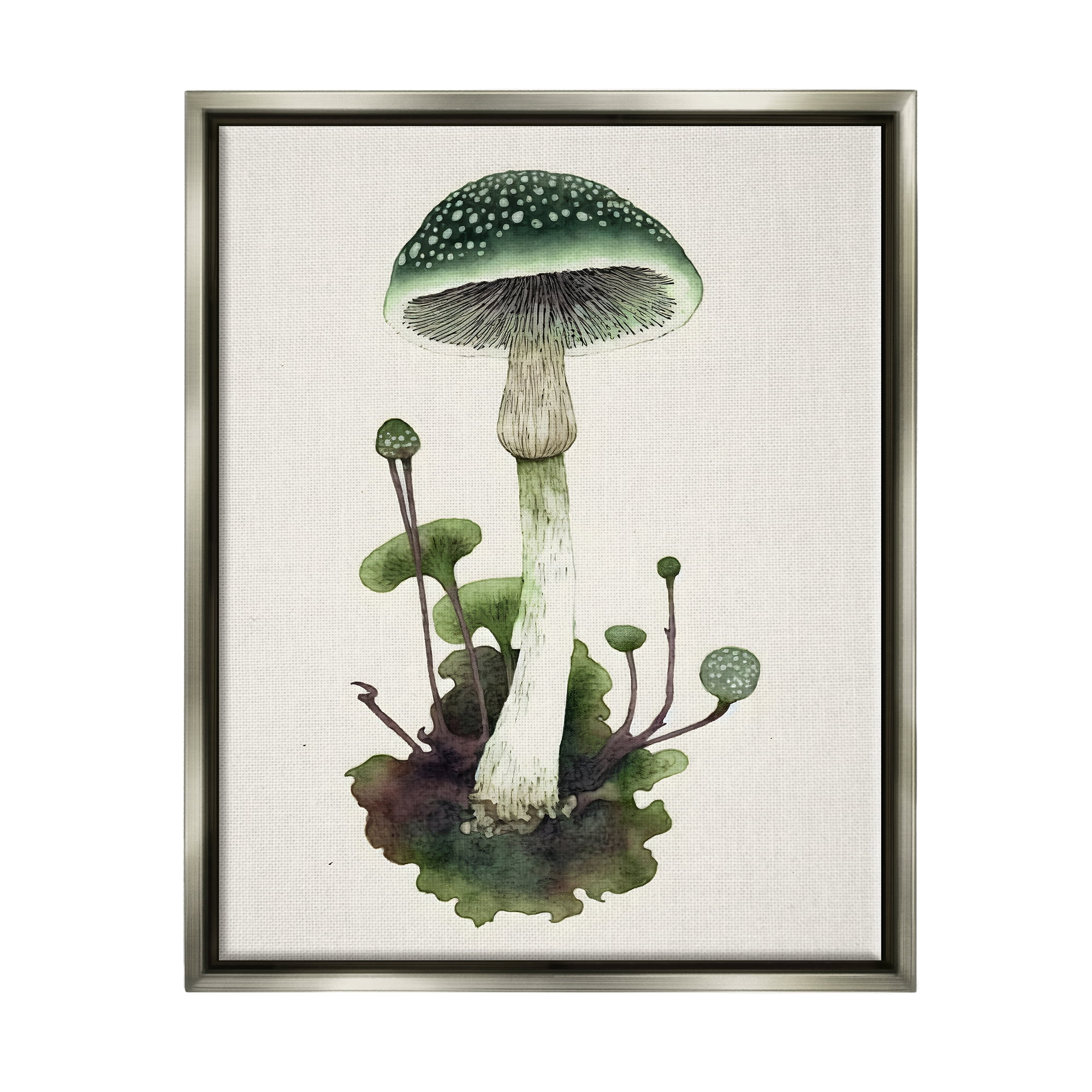 Stupell Industries Forest Green Mushroom Botanical & Floral Painting Gray Floater Framed Canvas Art Print Wall Art, 17 x 21