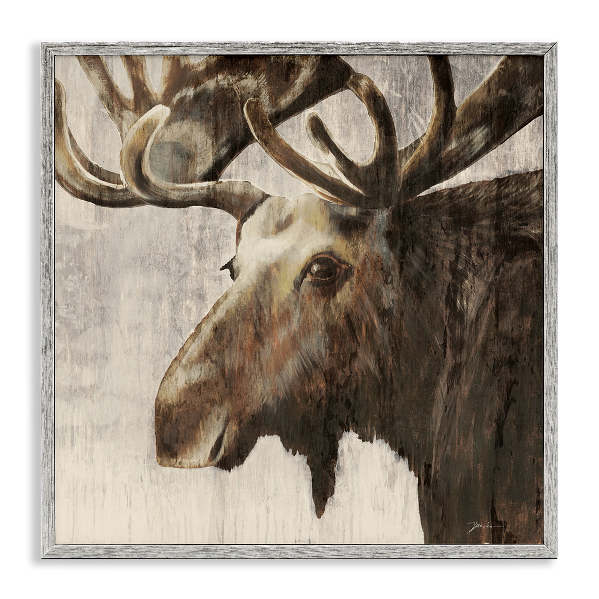 Stupell Industries Forest Moose Distressed Animals Painting Gray Framed Art Print Wall Art, 24 x 24