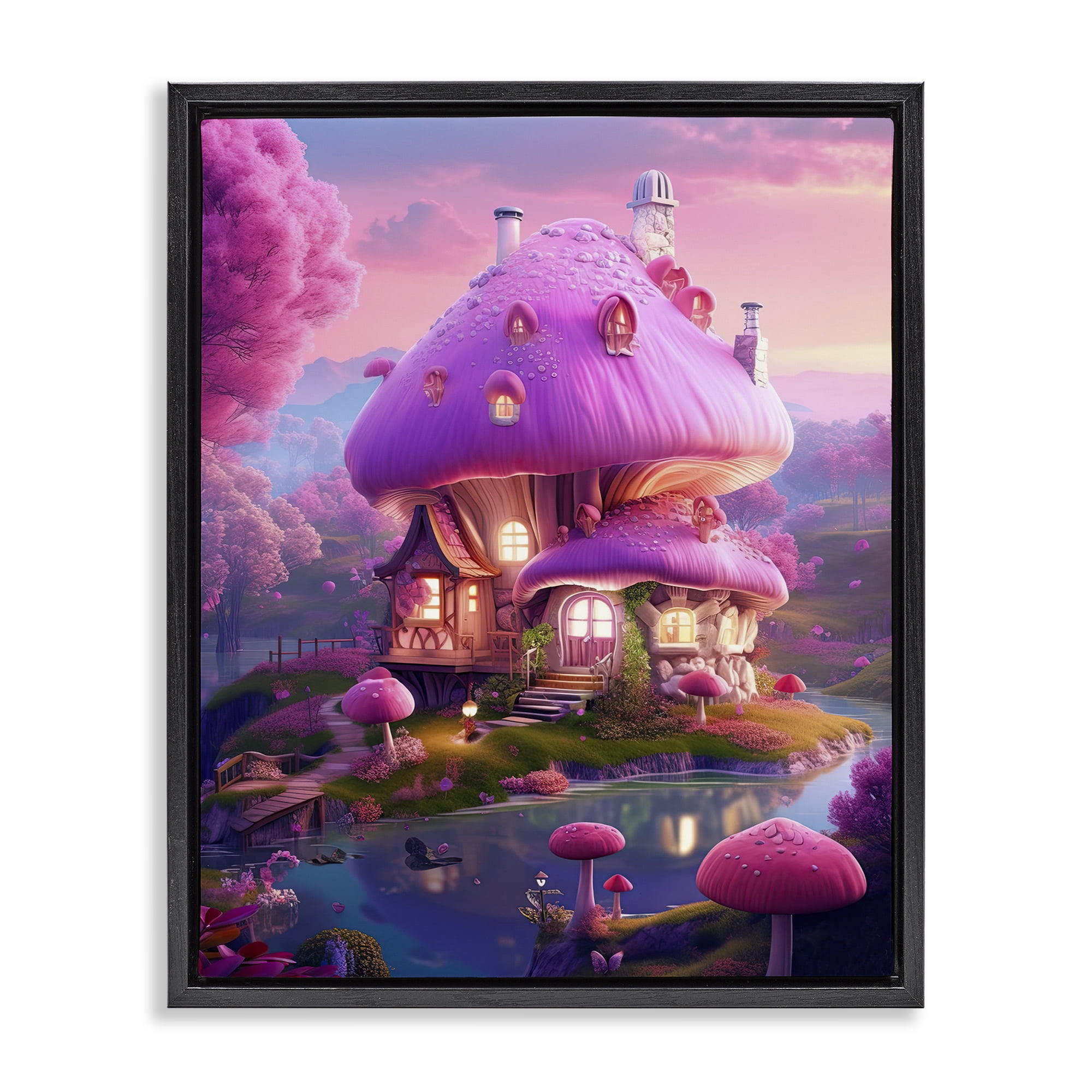 Stupell Industries Forest Mushroom Cottage Town & City Painting Black