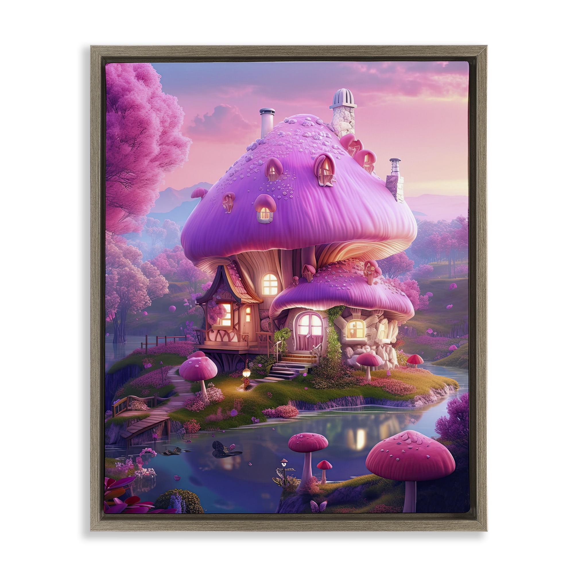 Stupell Industries Forest Mushroom Cottage Town & City Painting Brown Floater Framed Art Print Wall Art, 17 x 21