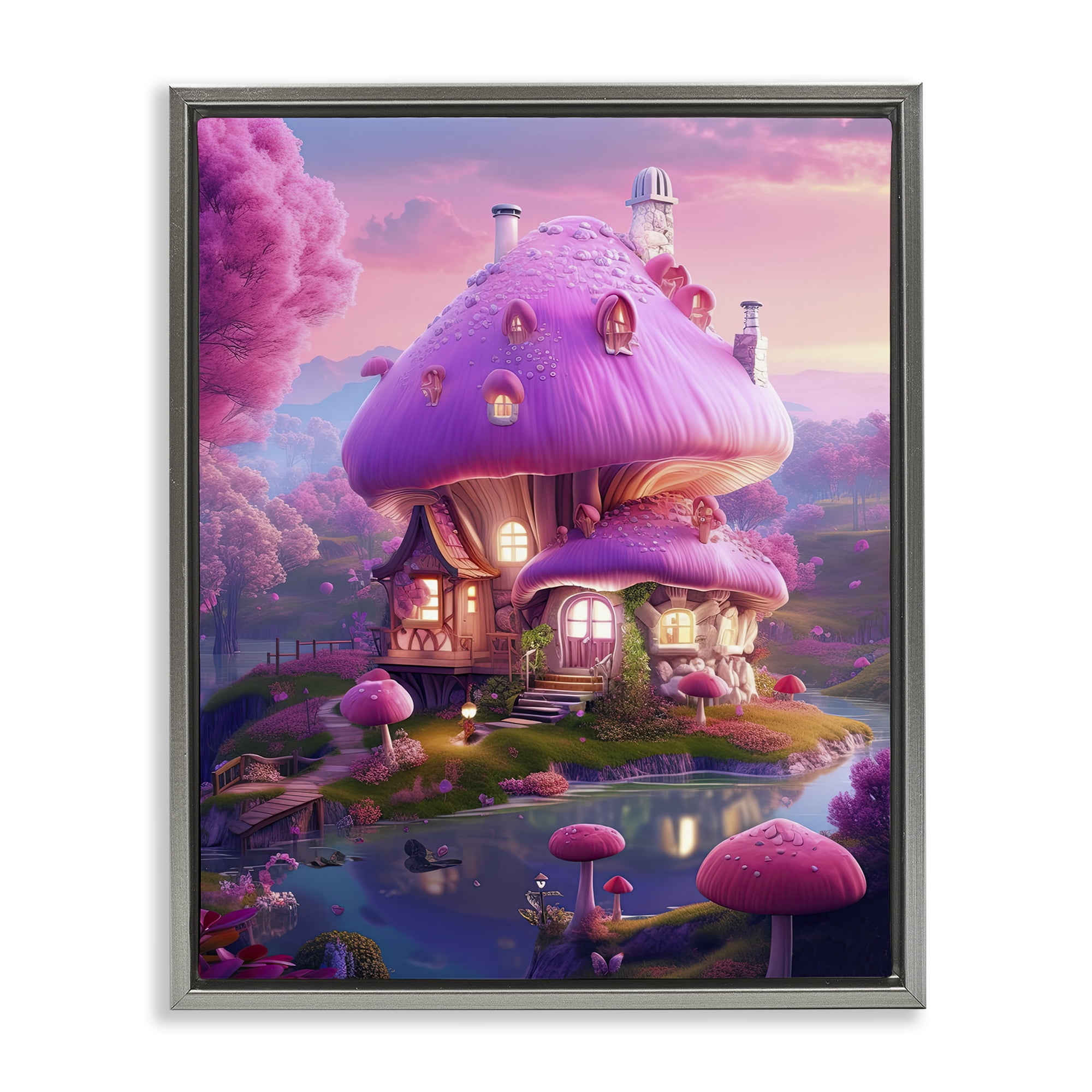 Stupell Industries Forest Mushroom Cottage Town & City Painting Gray Floater Framed Art Print Wall Art, 25 x 31