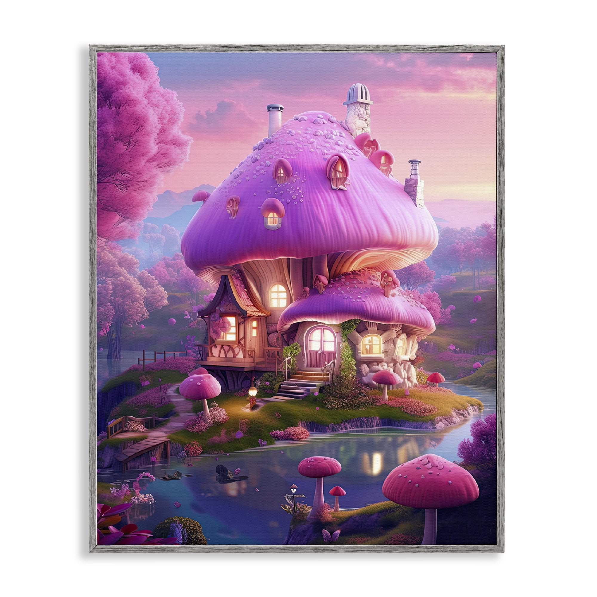 Stupell Industries Forest Mushroom Cottage Town & City Painting Gray Framed Art Print Wall Art, 24 x 30