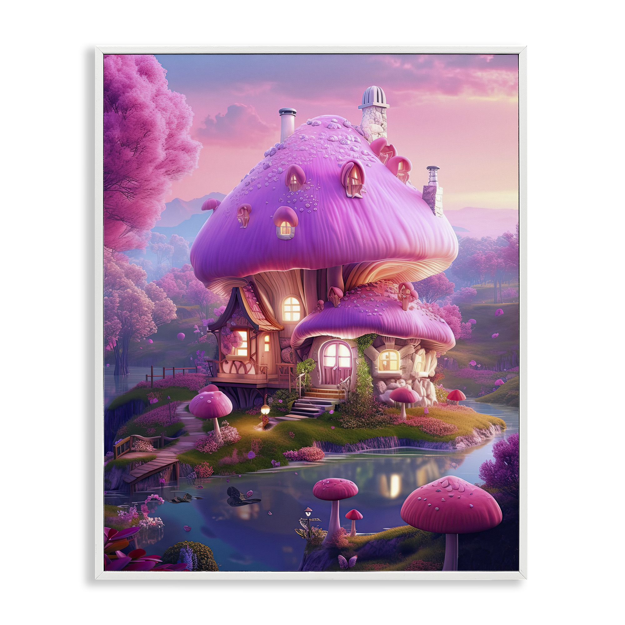 Stupell Industries Forest Mushroom Cottage Town & City Painting White Framed Art Print Wall Art, 16 x 20