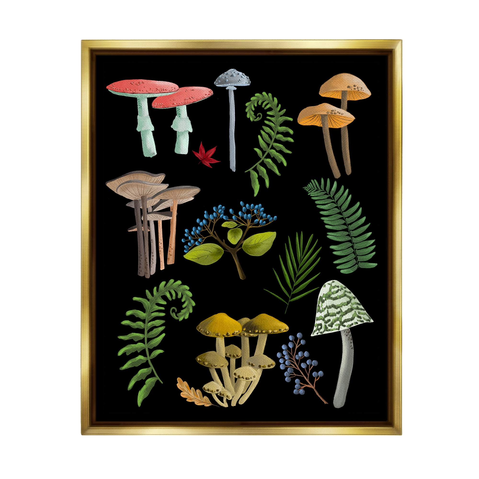 Stupell Industries Forest Mushrooms & Plants Botanical & Floral Painting Gold Floater Framed Canvas Art Print Wall Art, 25 x 31
