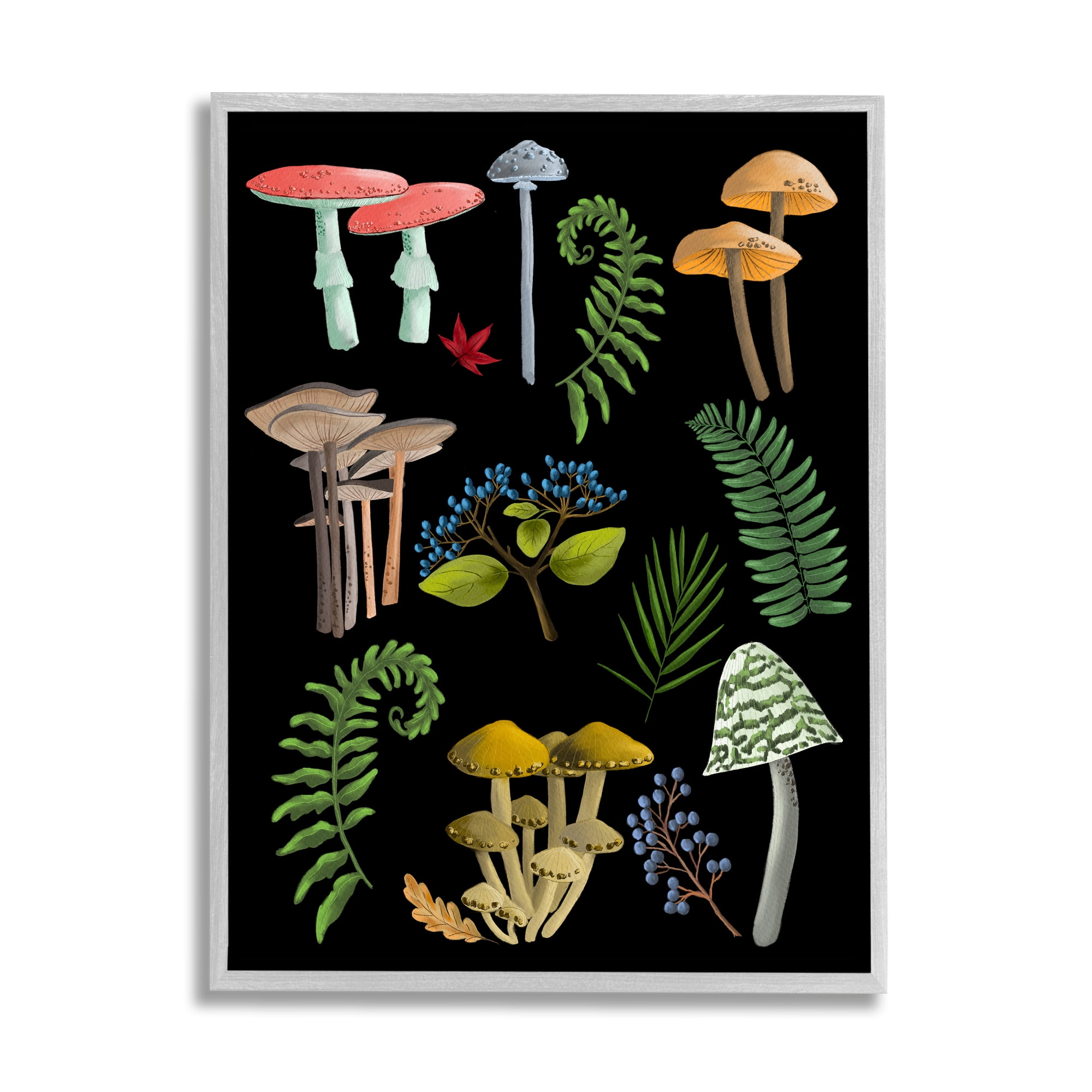 Stupell Industries Forest Mushrooms & Plants Botanical & Floral Painting Gray Framed Art Print Wall Art, 24 x 30