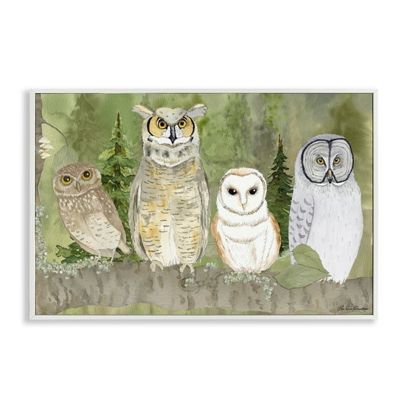 Stupell Industries Forest Owls on Perch White Framed Giclee Art design by Lee Ann Sanders, 12 x 18