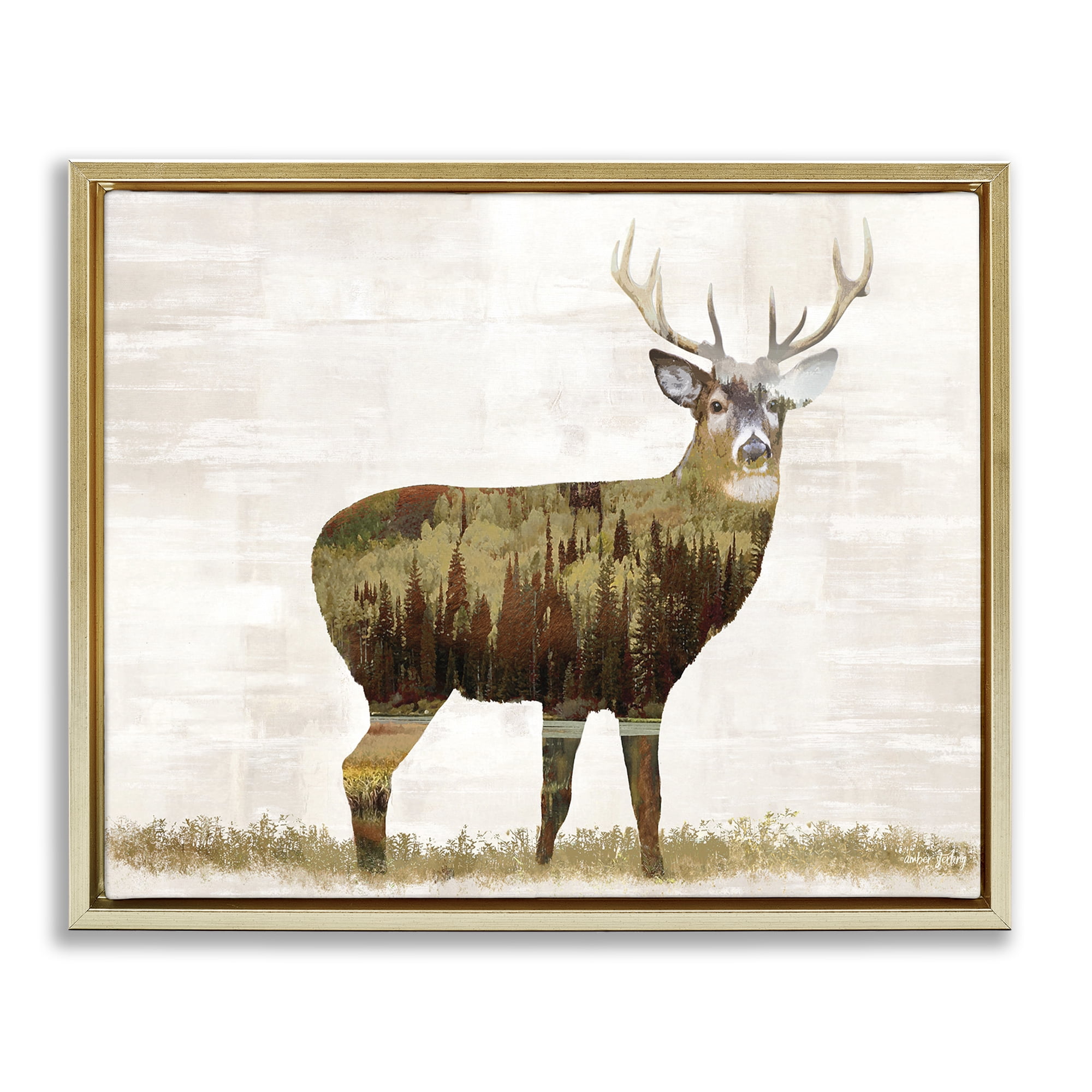 Stupell Industries Forest Pattern Deer Animals & Insects Painting Gold Floater Framed Art Print Wall Art, 31 x 25