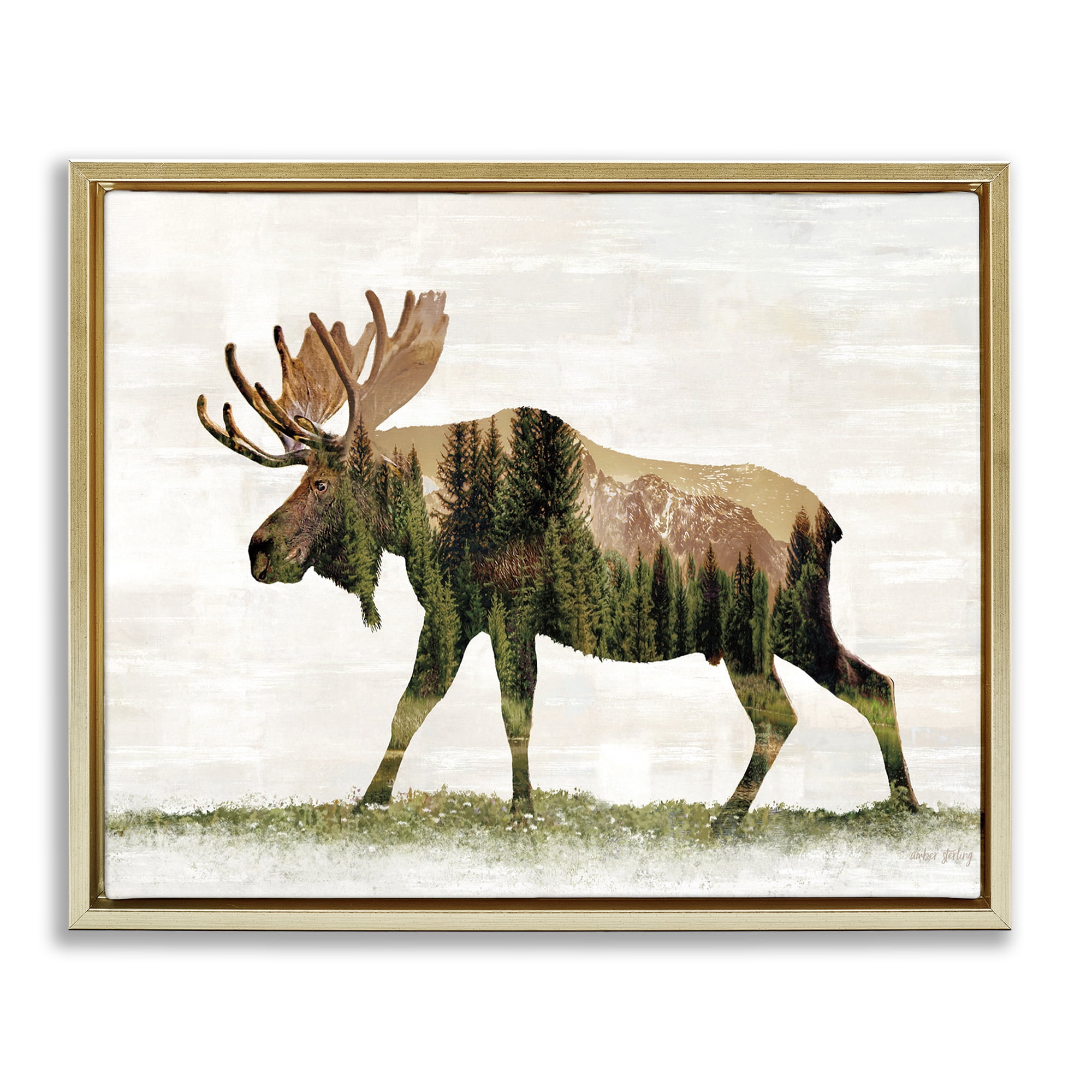 Stupell Industries Forest Pattern Moose Animals & Insects Painting Gold Floater Framed Art Print Wall Art, 31 x 25