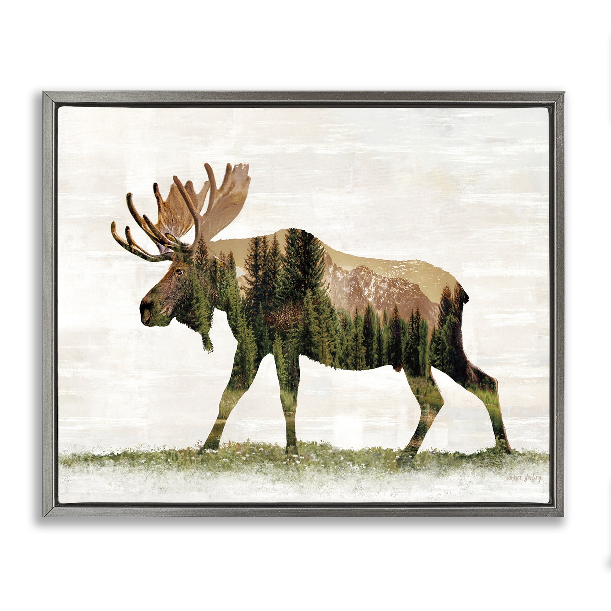 Stupell Industries Forest Pattern Moose Animals & Insects Painting Gray Floater Framed Art Print Wall Art, 21 x 17