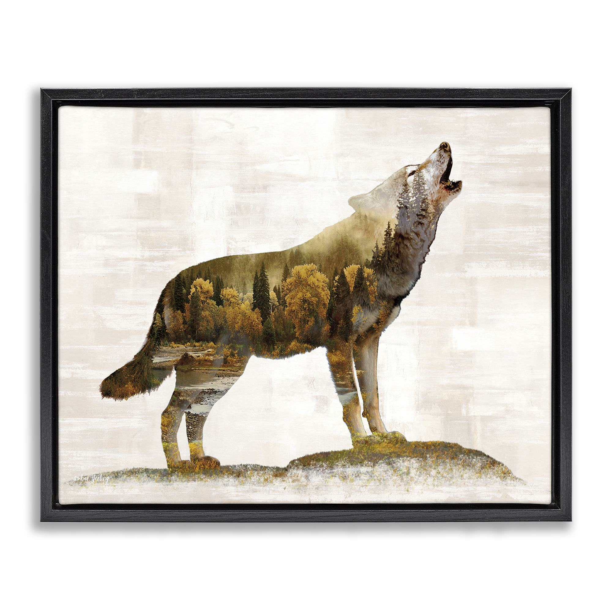 Stupell Industries Forest Pattern Wolf Animals & Insects Painting Black Floater Framed Art Print Wall Art, 21 x 17