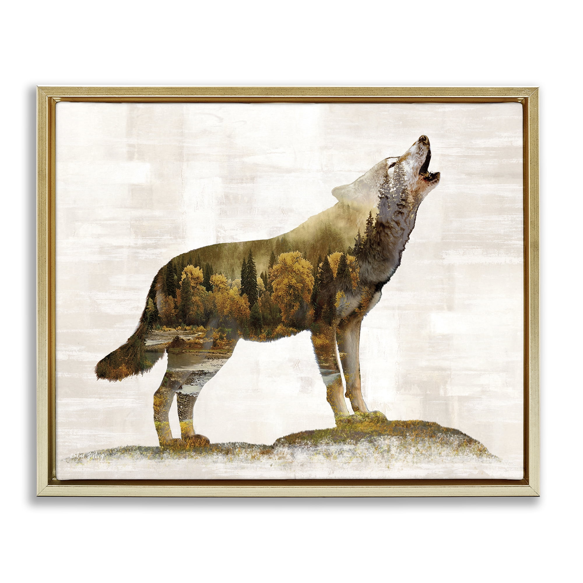 Stupell Industries Forest Pattern Wolf Animals & Insects Painting Gold Floater Framed Art Print Wall Art, 31 x 25