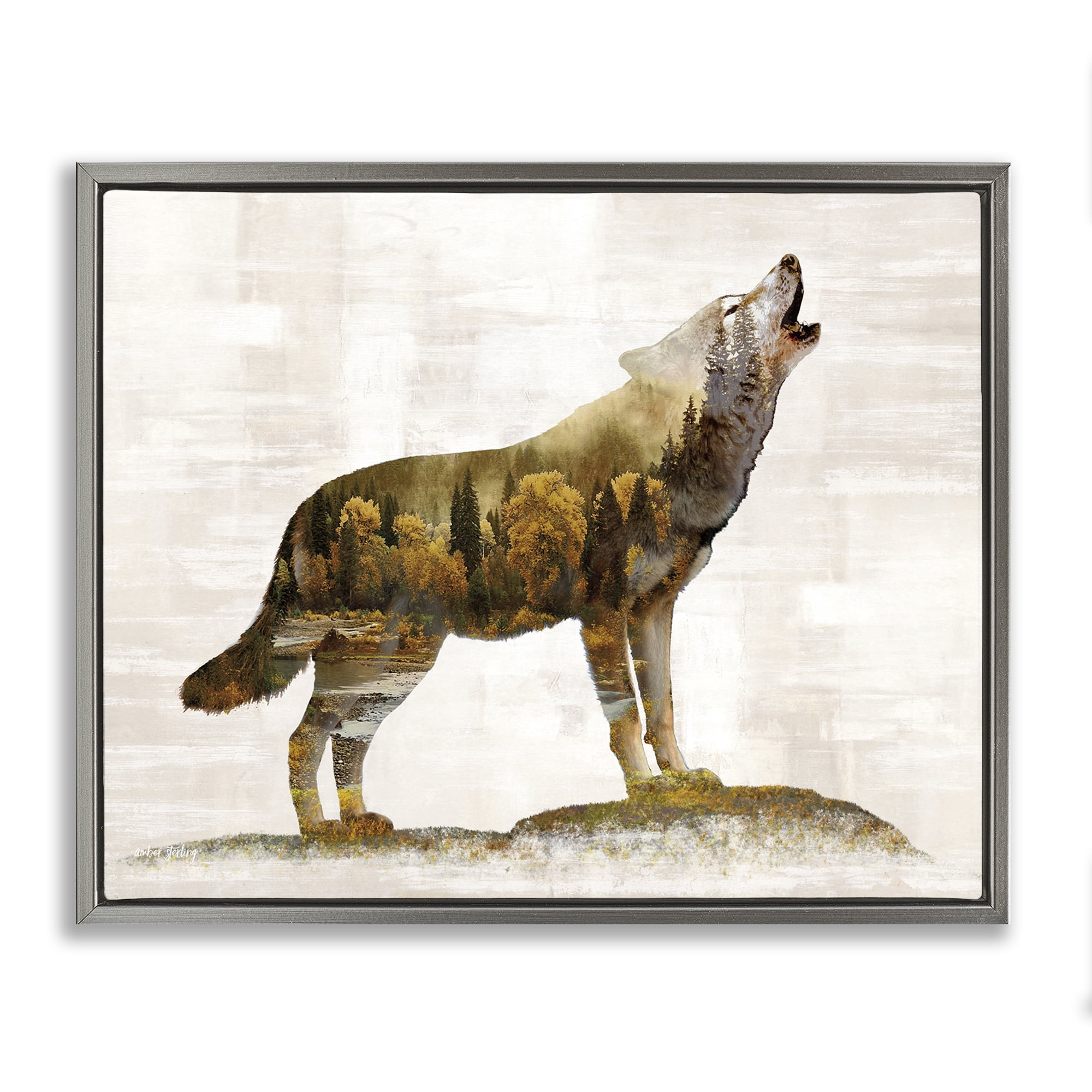 Gray Framed Canvas Print of Wolf with Forest Landscape, 21 x 17