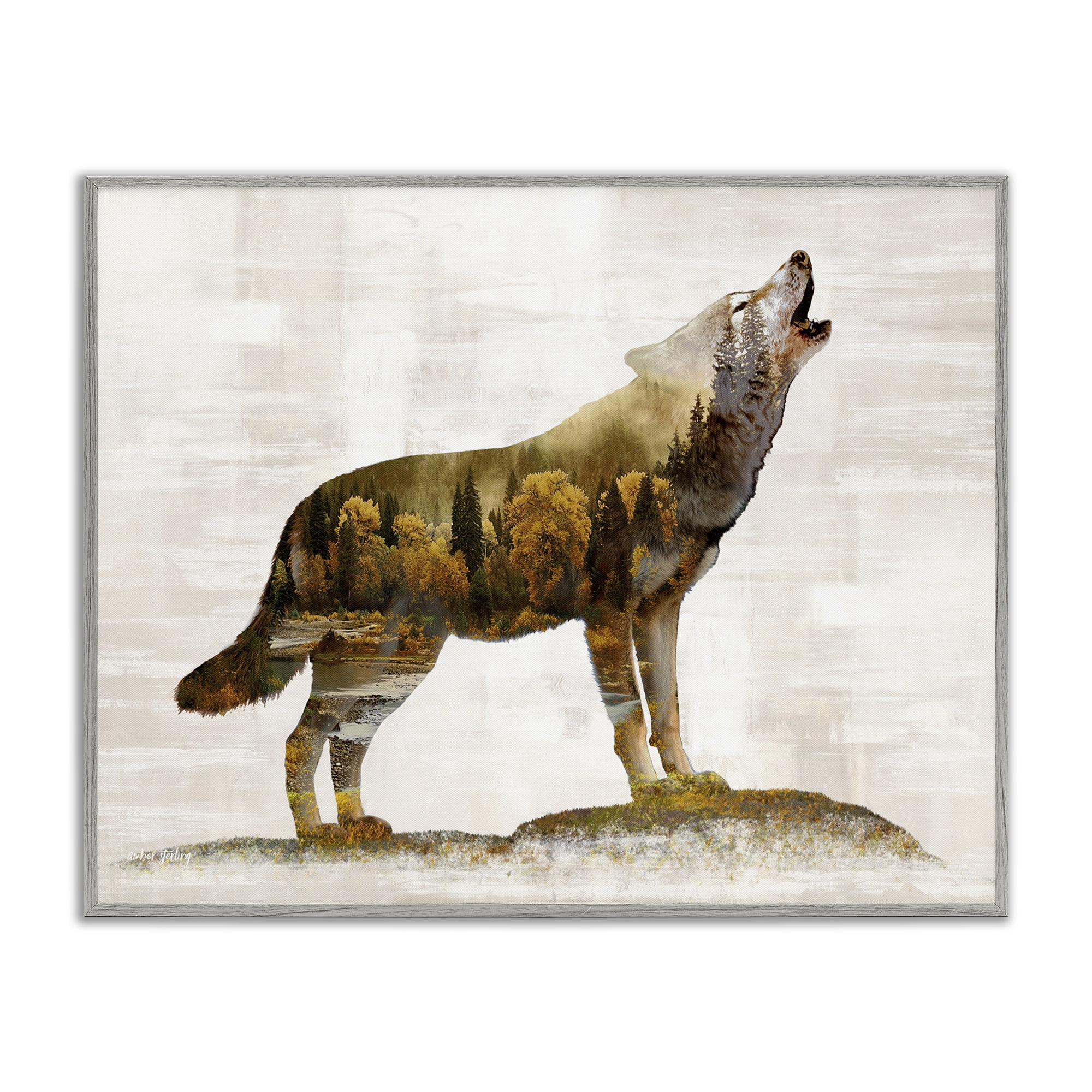 Stupell Industries Forest Pattern Wolf Animals & Insects Painting Gray Framed Art Print Wall Art, 20 x 16