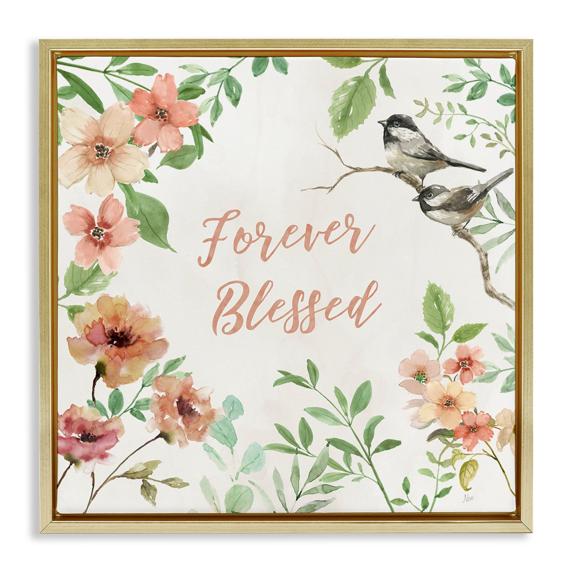 Stupell Industries Forever Blessed Floral Botanical & Floral Painting Gold Floater Framed Canvas Art Print Wall Art, 18 x 18