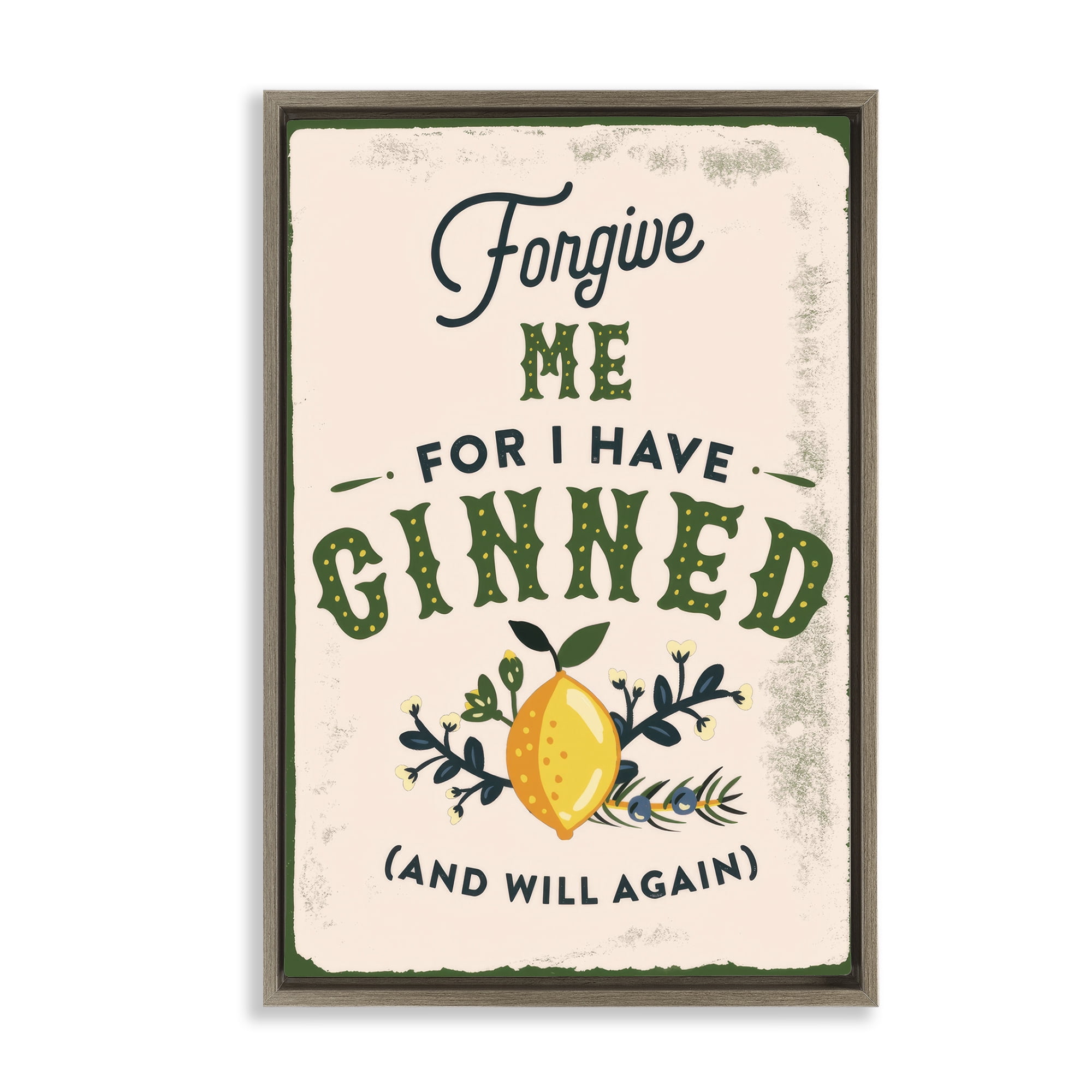 Stupell Industries Forgive Me For I Have Ginned Food & Beverage Painting Brown Floater Framed Canvas Art Print Wall Art, 21 x 31